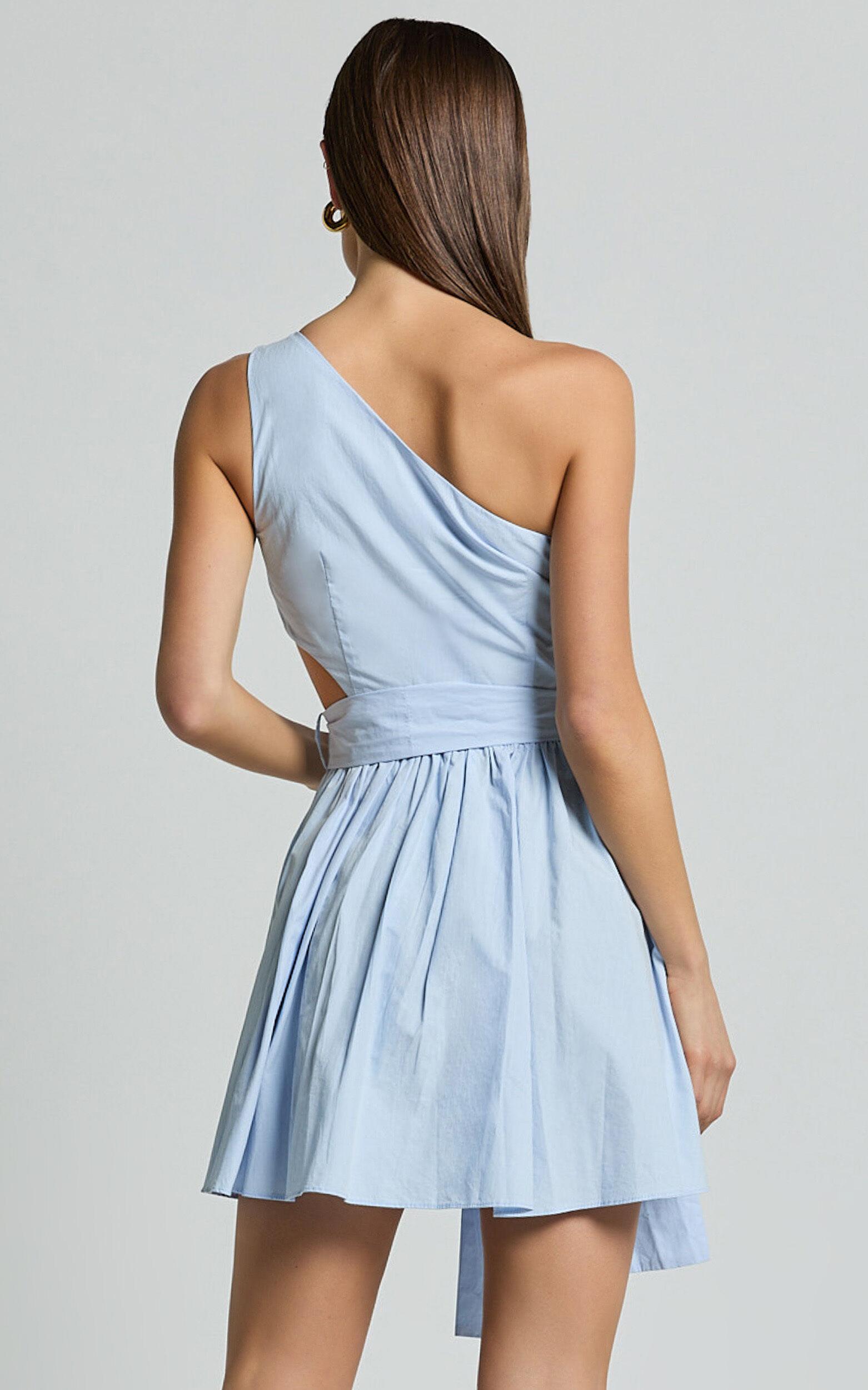 Mauee Mini Dress - One Shoulder Tie Waist Cut Out Dress in Powder Blue Product Image