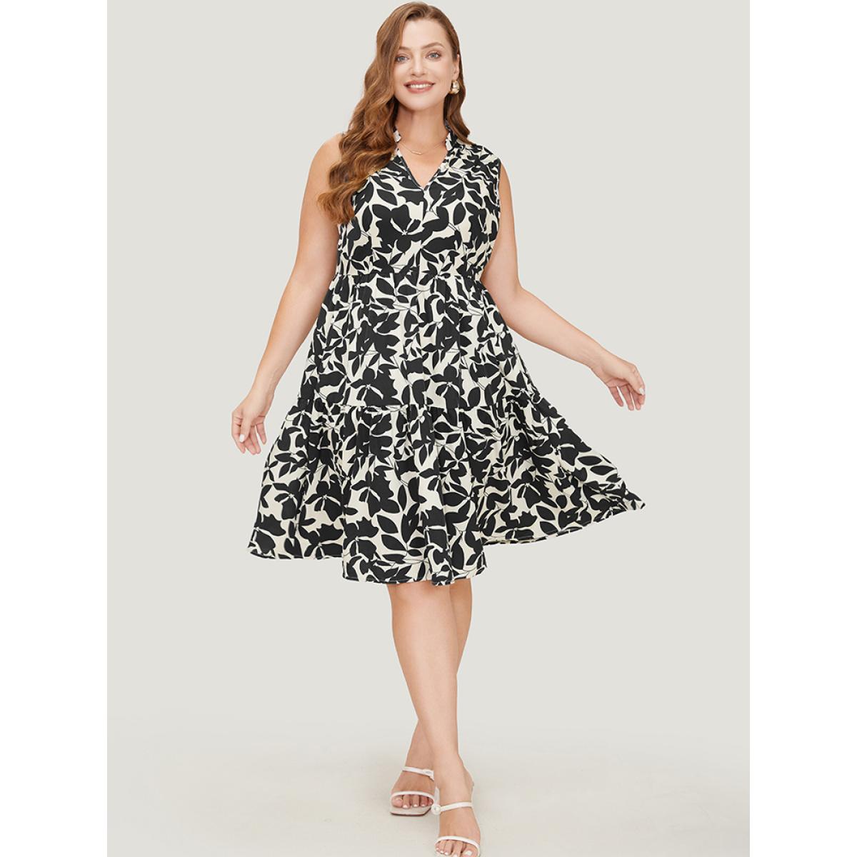 Plus Size Floral Ptrint Pocket Ruffle Tiered Stand Collar Tank Dress Black Women Elegant Tiered Stand-up collar Sleeveless Curvy Knee Dress BloomChic 28/5X Product Image