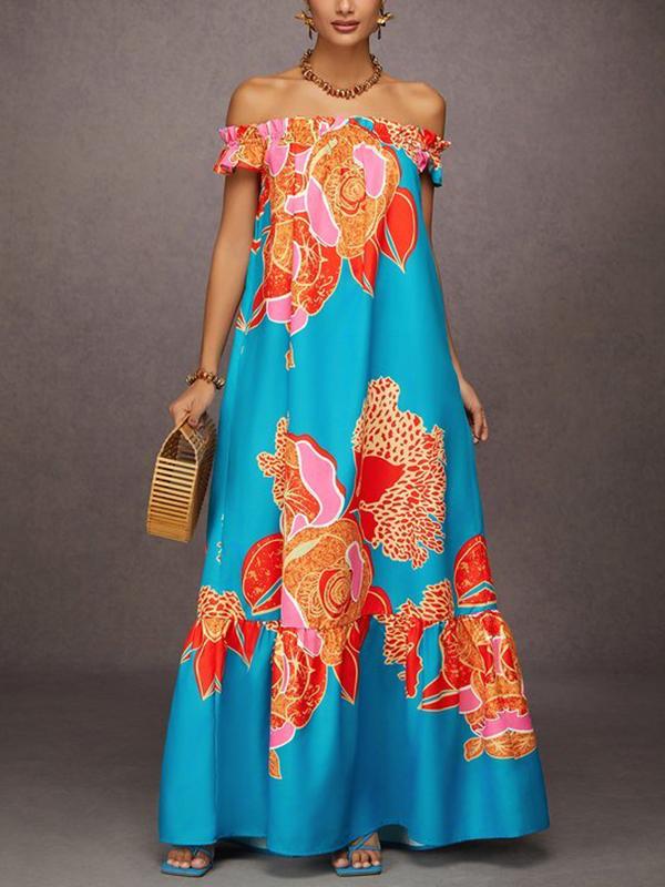 A-Line Loose Elasticity Flower Print Pleated Split-Joint Off-The-Shoulder Maxi Dresses Product Image