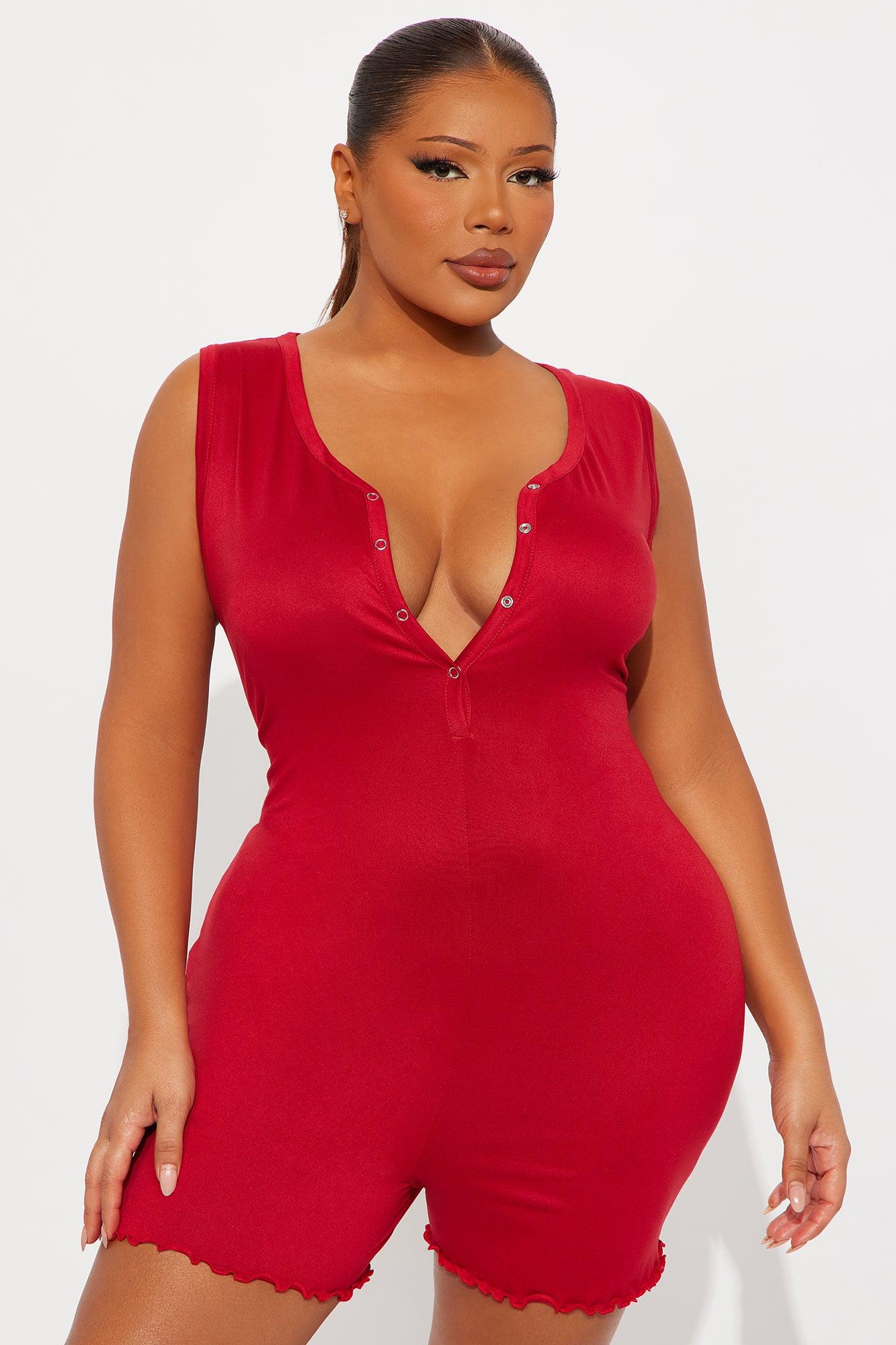 Dreaming Of You Henley PJ Romper Onesie - DarkRed Female Product Image