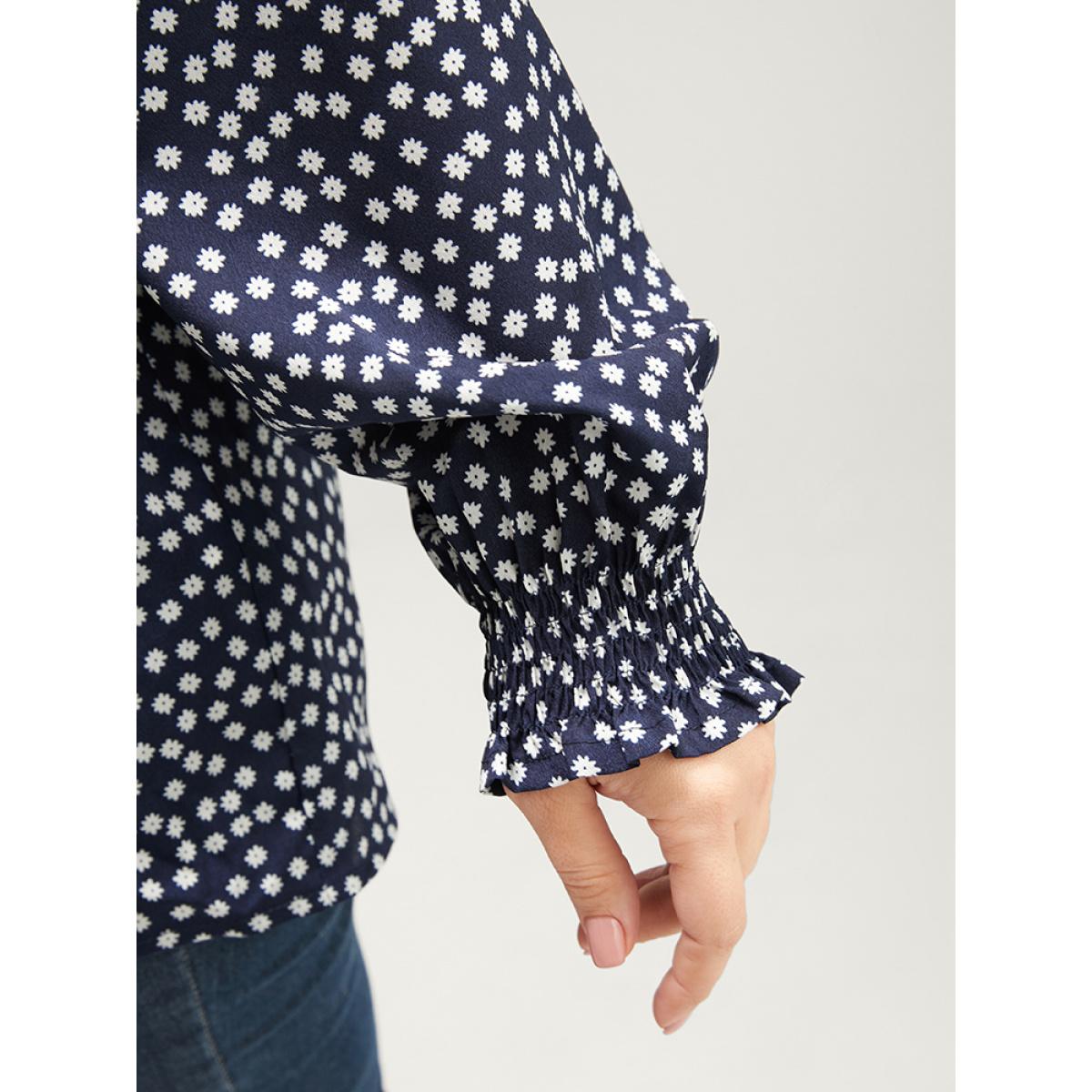 Plus Size Indigo Ditsy Floral V Neck Shirred Lantern Sleeve Blouse Women Elegant Long Sleeve V-neck Dailywear Blouses BloomChic 10/M Product Image