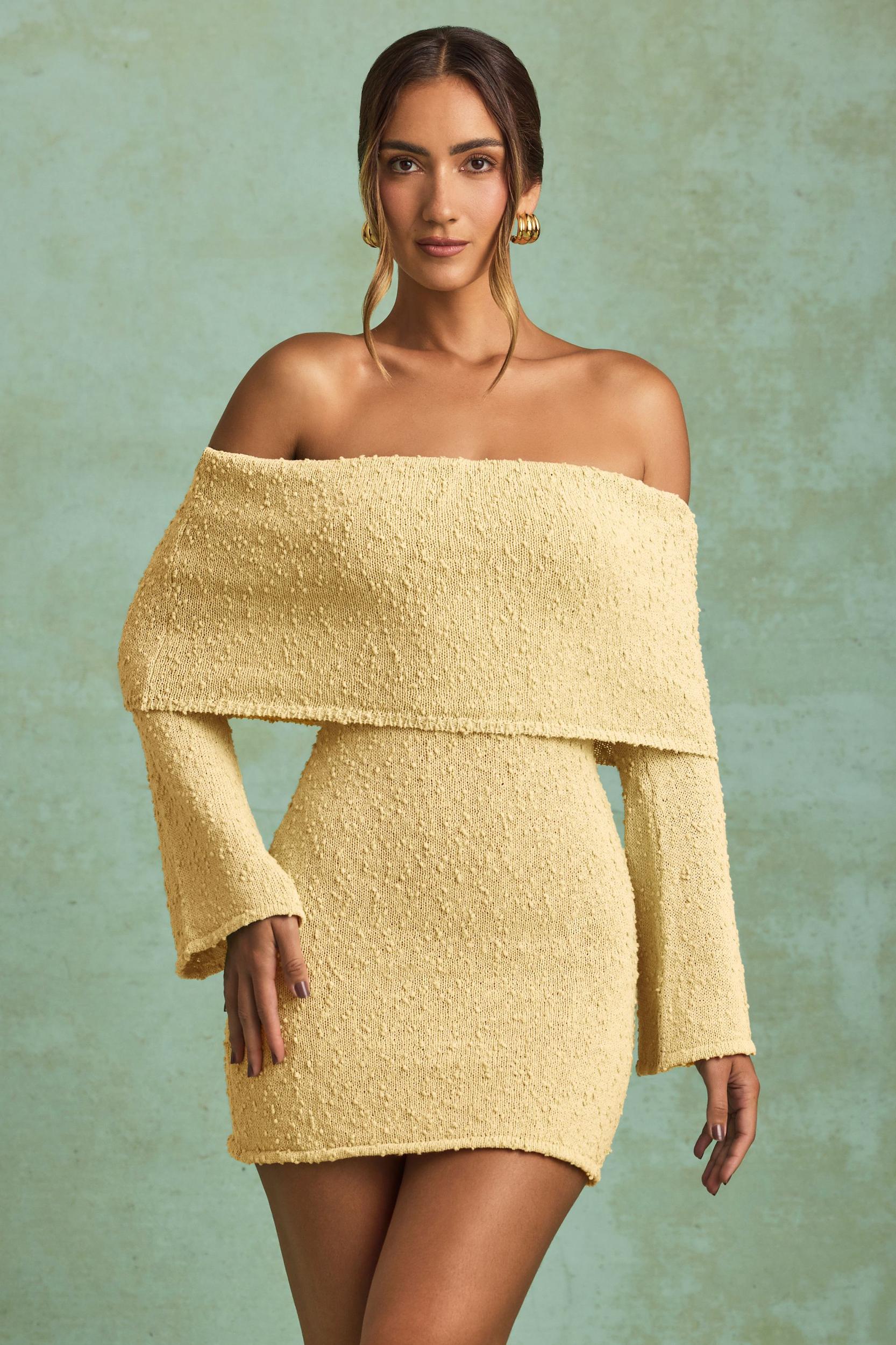 Bouclé Off-Shoulder Mini Dress in Yellow Product Image