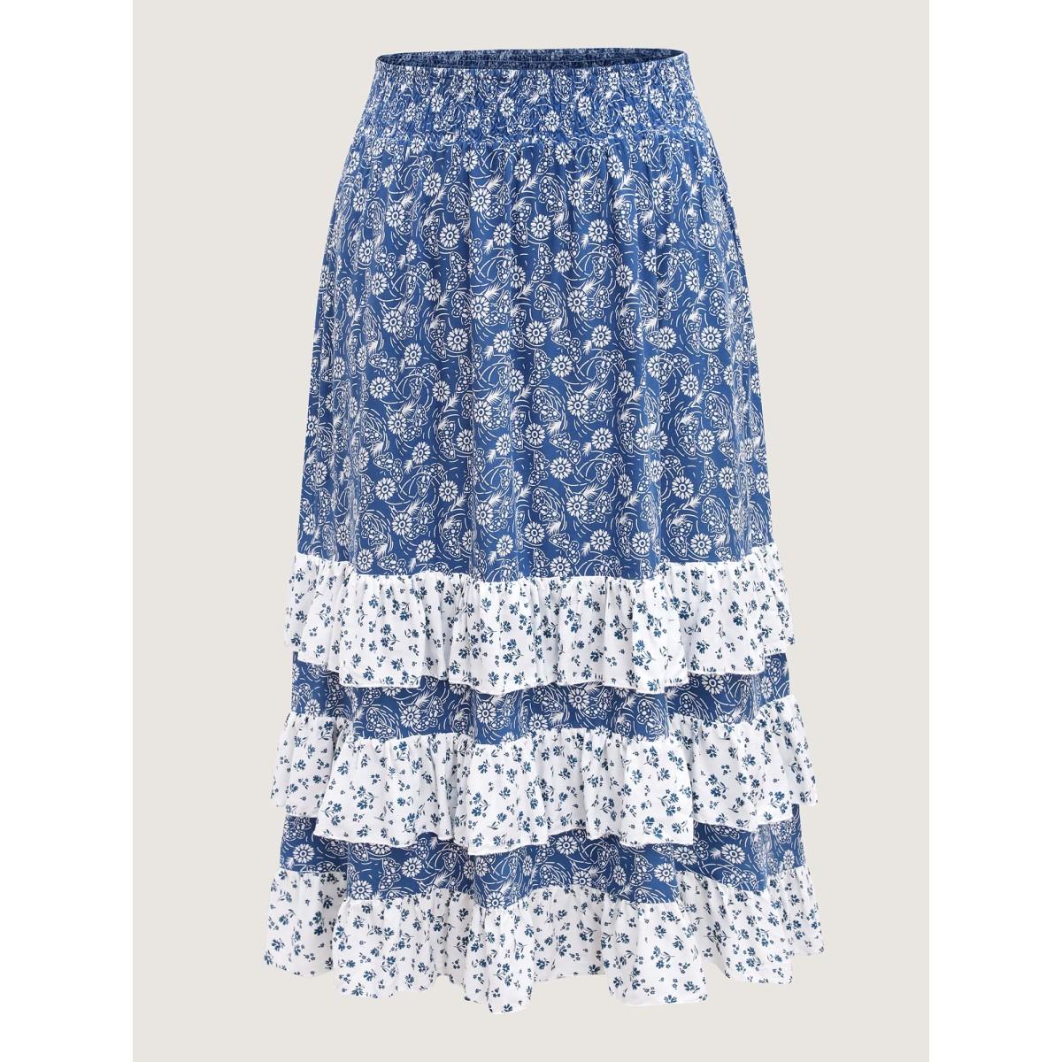 Plus Size Floral Patchwork Tiered Maxi Skirt Women Mediumblue Boho Gathered Loose No stretch Side seam pocket Vacation Skirts BloomChic 14-16/1X Product Image