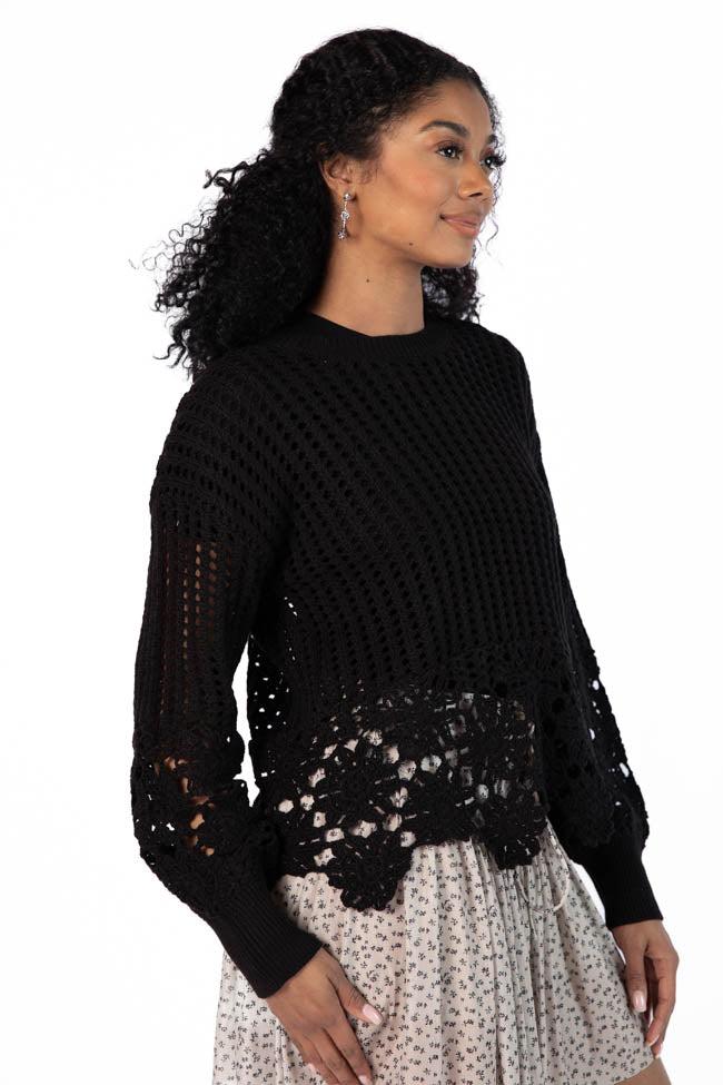 A Little Dramatic Black Flower Trim Crochet Sweater FINAL SALE Product Image