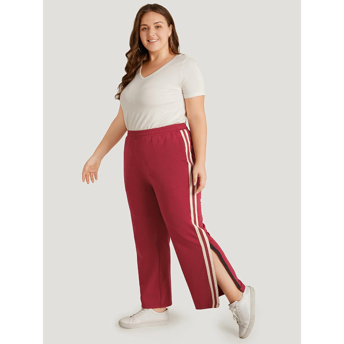 Two Tone Pocket Split Side Elastic Waist Sweatpants Scarlet Plus Size Women Casual Dailywear Contrast 18-20/2X Bloomchic Product Image