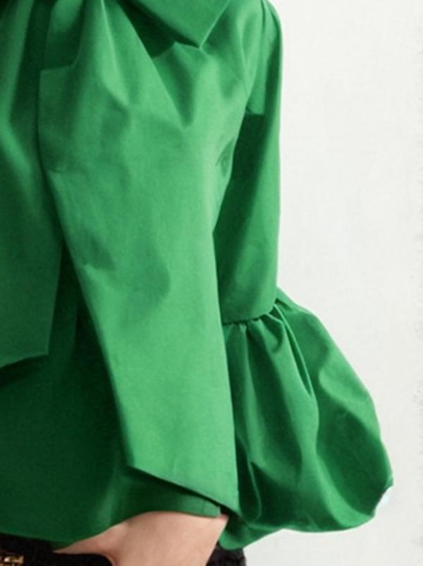 Loose Puff Sleeves Bowknot Solid Color Split-Joint Stand Collar Blouses&Shirts Tops Product Image