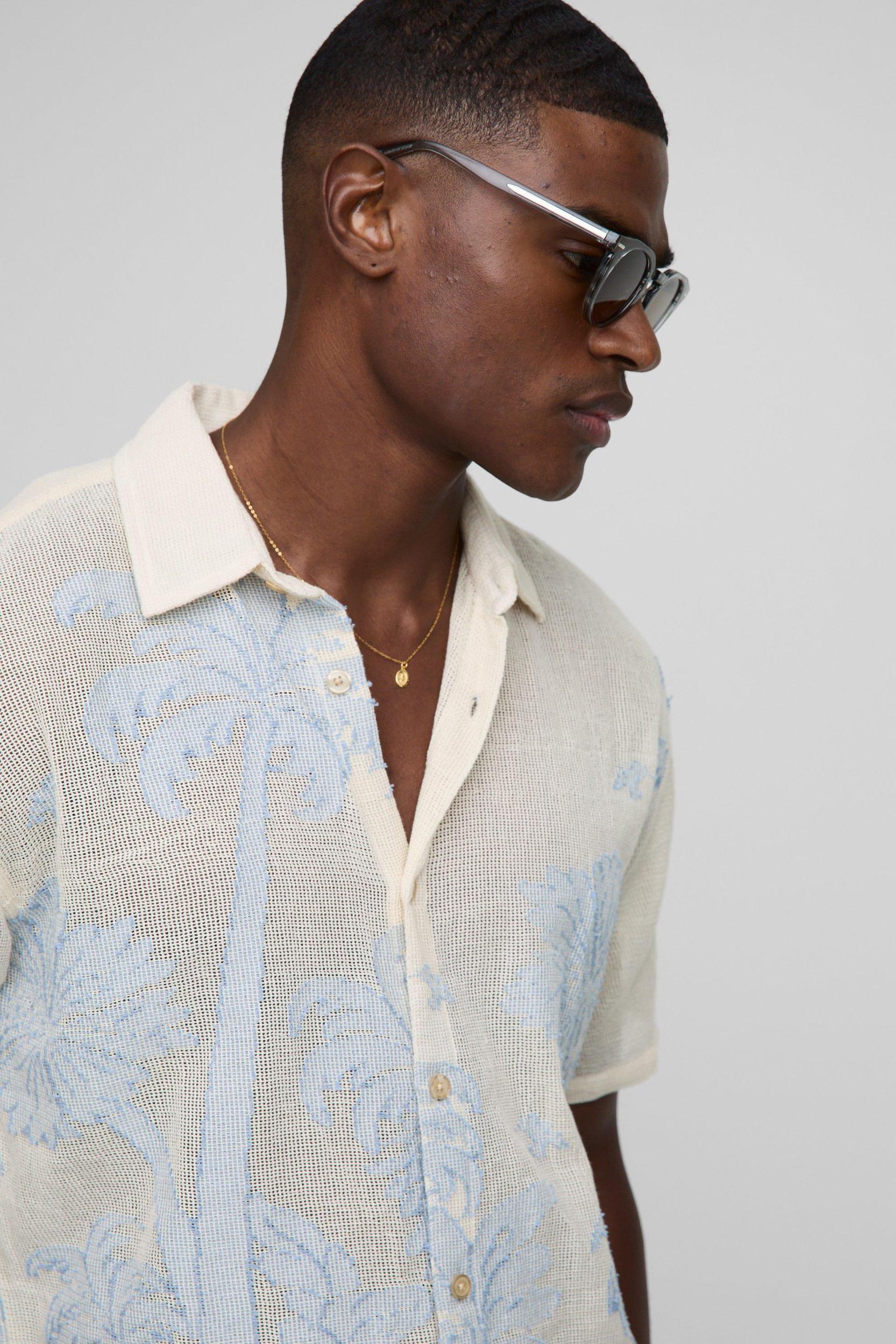 Oversized Open Weave Palm Tree Jacquard Shirt | boohooMAN USA Product Image