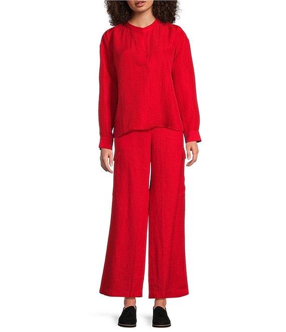 Eileen Fisher Silk Organic Linen Mandarin Collar Long Sleeve Boxy Top Product Image