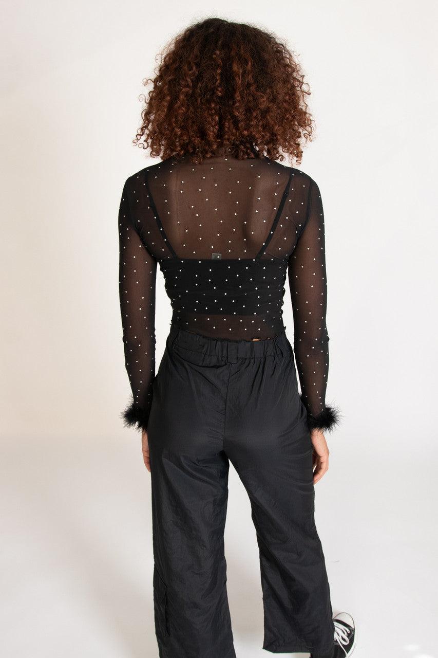 Long Sleeve Fur Trim Rhinestone Mesh Top Product Image