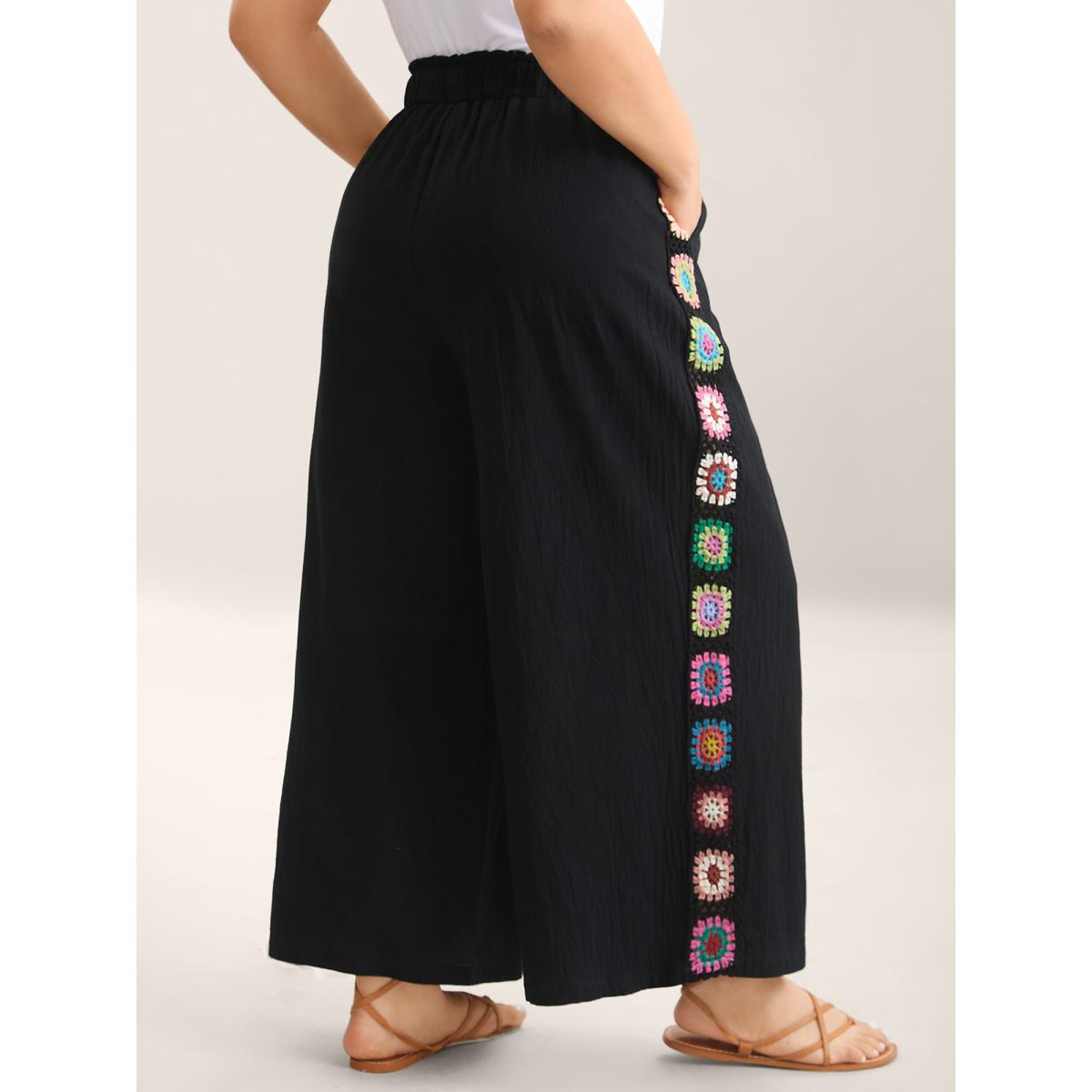 Plus Size Shirred Waist Wide-Leg Spliced Pants Women Black Boho Wide Leg Mid Rise Vacation Pants BloomChic 10/M Product Image