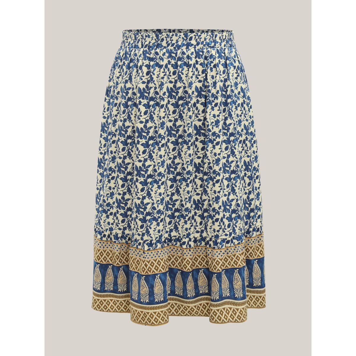 Plus Size Boho Floral Print Shirred Waist Midi Skirt Women Indigo Elegant Shirred Bodycon Low stretch Slanted pocket Everyday Skirts BloomChic 22-24/3X Product Image