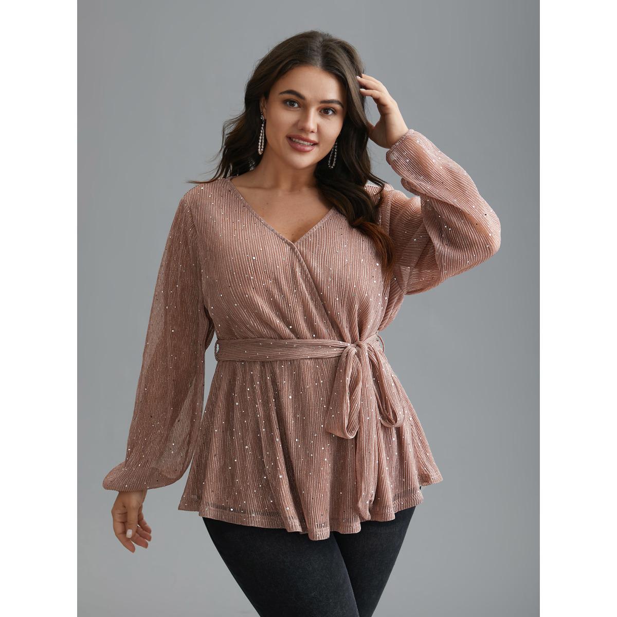 Plus Size Rouge Sequin Mesh Lantern Sleeve Wrap Belted Striped Blouse Women Party&Cocktail Long Sleeve Overlap Collar Party Blouses BloomChic 14-16/1X Product Image