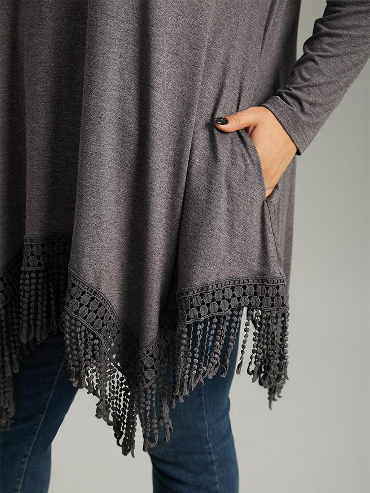 Solid Tassels Trim Pocket Asymmetrical Hem T-shirt Female Product Image