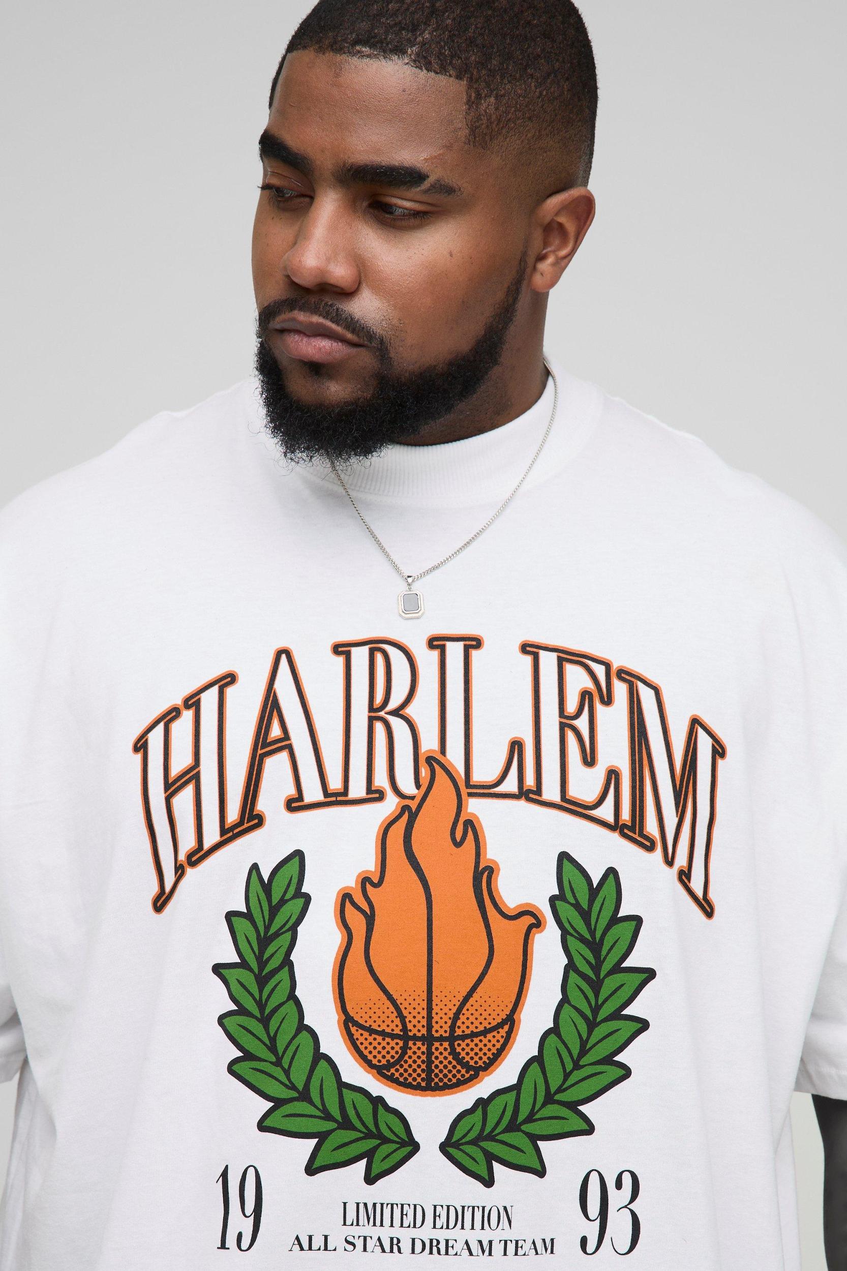 Plus Oversized Extended Neck Harlem Varsity Print T-Shirt | boohooMAN USA Product Image