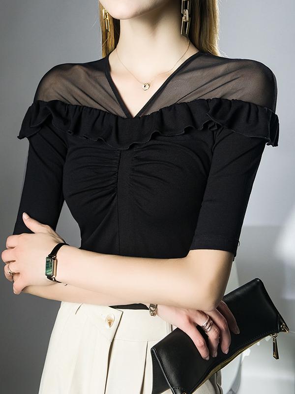 Half Sleeves Skinny Pleated Ruffle Trim Solid Color Split-Joint V-Neck T-Shirts Tops Product Image