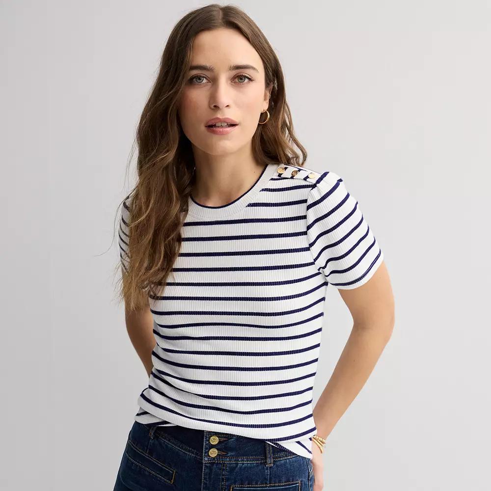 Women's Draper James Short Sleeve Button Shoulder Top, Size: Medium, Blue Stripe Product Image