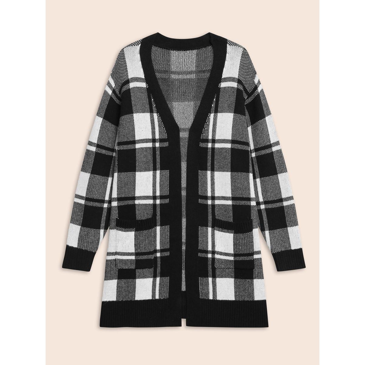 Plus Size Kimono Collar Plaid Slit Hem Cardigan Black Women Leisure Loose Long Sleeve Casual Cardigans BloomChic 10/M Product Image