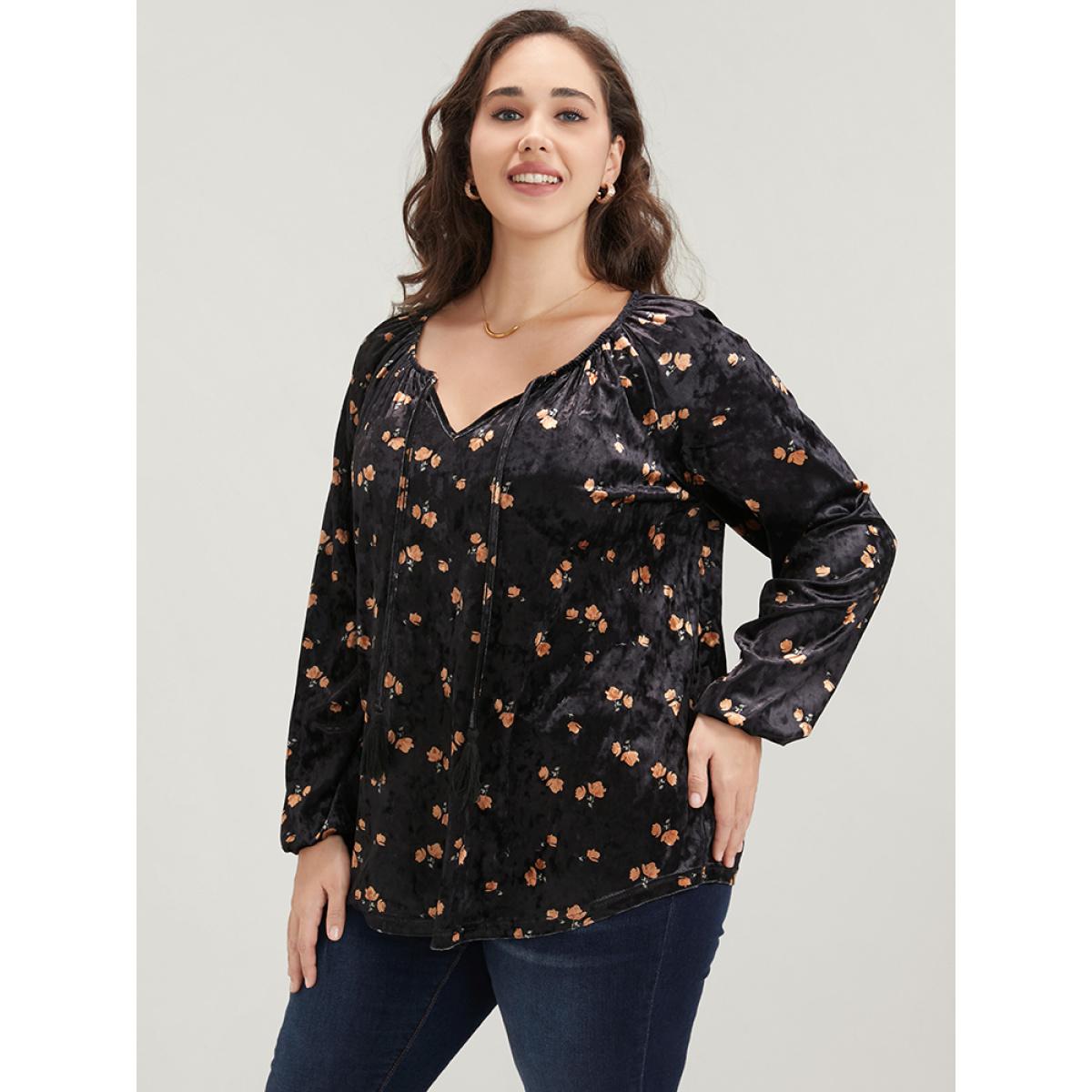Plus Size Black Floral Lantern Sleeve Tassels Tie Neck Velvet Blouse Women Party Long Sleeve Tie Neck Going out Blouses BloomChic 10/M Product Image
