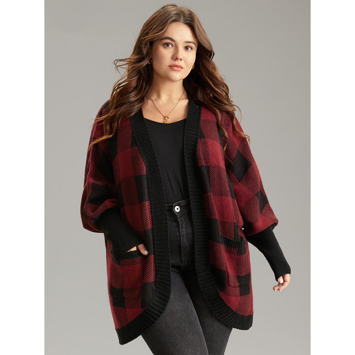 Plus Size Plaid Contrast Open Front Dolman Sleeve Cardigan Scarlet Women Casual Loose Long Sleeve Dailywear Cardigans BloomChic 30/6X Product Image