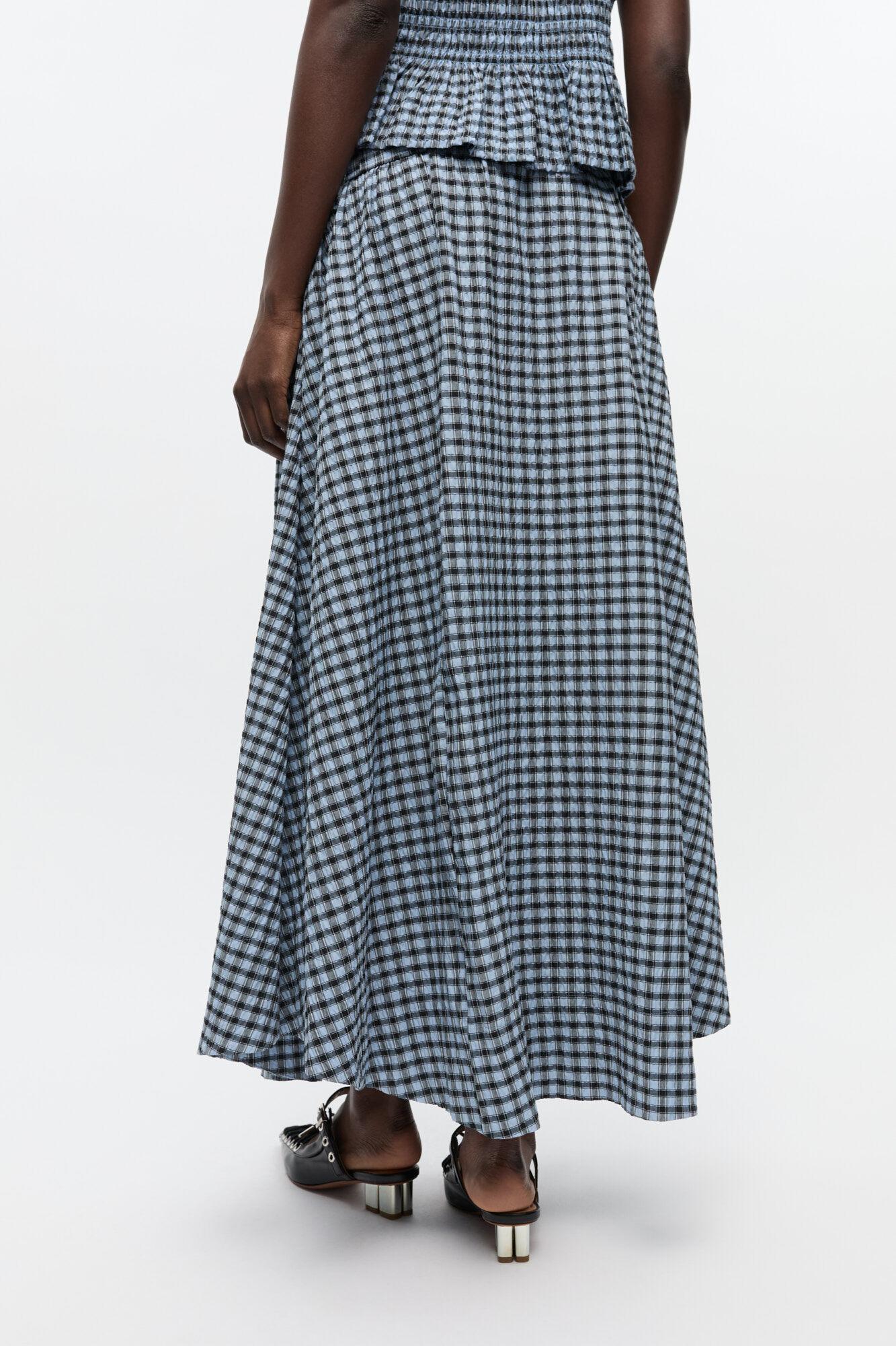 Blue Seersucker Check Long Skirt Product Image