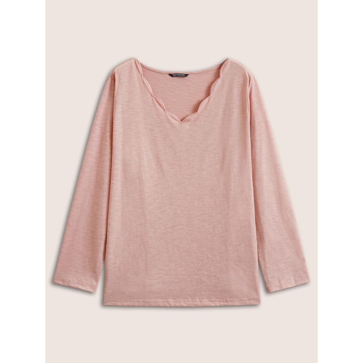 Plus Size Solid Heather Scalloped Trim T-shirt Pink Women Casual Plain Plain V-neck Everyday T-shirts BloomChic 22-24/3X Product Image