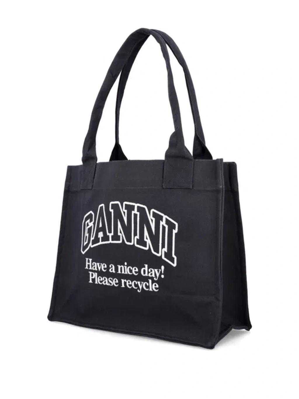 GANNI Black Shopper With Embroidered Logo On The Front In Denim Woman In Multicolor Product Image