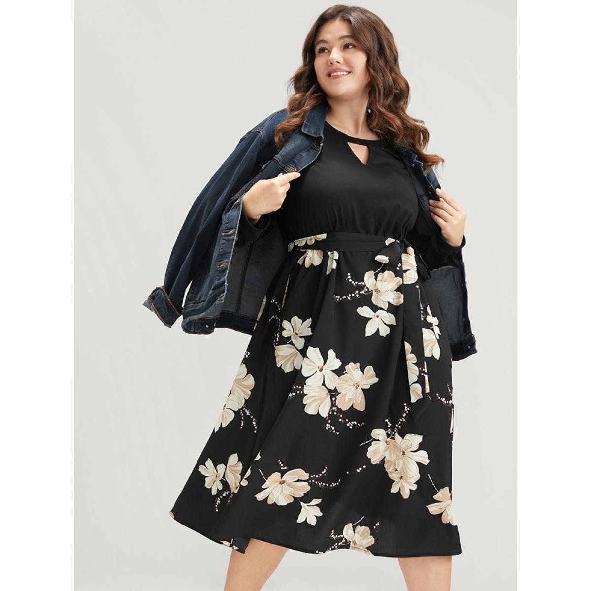 Plus Size Floral Print Keyhole Round Neck Pocket Belted Dress Multicolor Women Elegant Belted Round Neck Long Sleeve Curvy Midi Dress BloomChic 22-24/3X Product Image