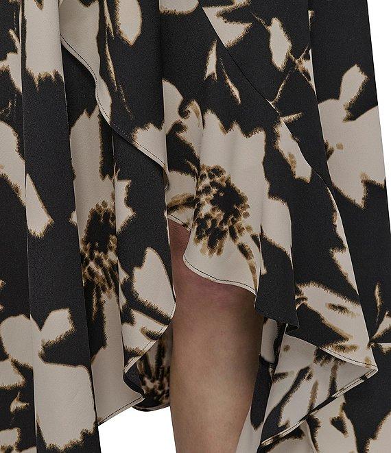 DKNY by Donna Karan Crepe Floral Print V Neck Sleeveless Ruffle Sheath Midi Dress Product Image