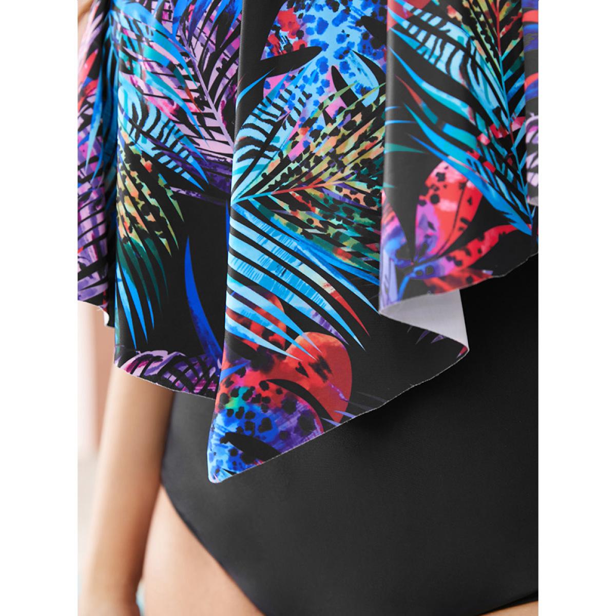 Plus Size Tropical Print Ruffle Trim One Piece Swimsuit Women's Swimwear BlackFlower Vacation Adjustable Straps Curve Bathing Suits High stretch One Pieces BloomChic 18-20/2X Product Image