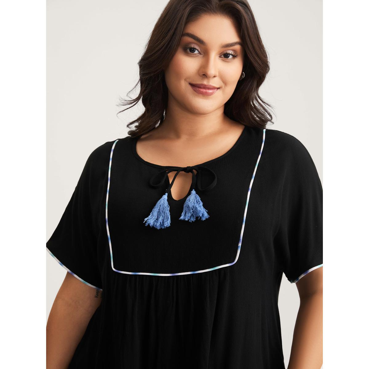 Plus Size Black Textured Color Contrast Tassels Blouse Women Short sleeve Flat collar with V-notch Everyday-Casual Blouses BloomChic 18-20/2X Product Image