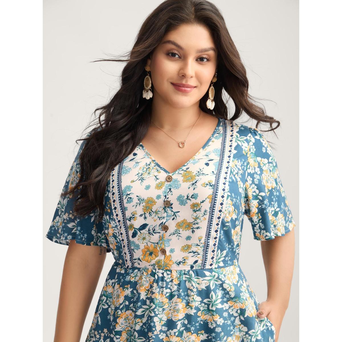 Plus Size Floral Contrast Button V-Neck Midi Dress Cerulean Women Contrast V-neck Half Sleeve Curvy BloomChic 14-16/1X Product Image