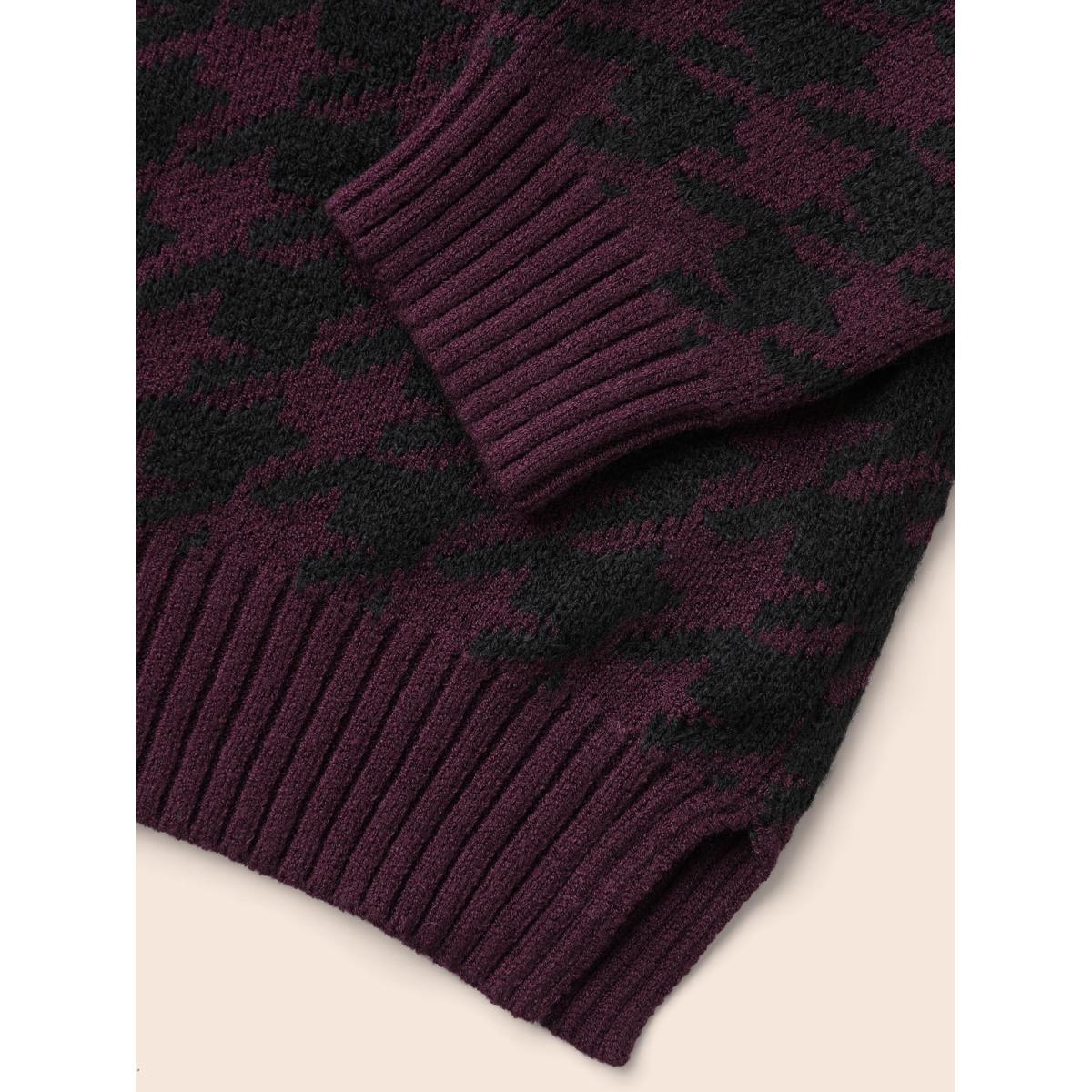 Plus Size V Neck Houndstooth Drop Shoulder Pullover Plum Women Casual Loose Long Sleeve V-neck Everyday Pullovers BloomChic 26/4X Product Image