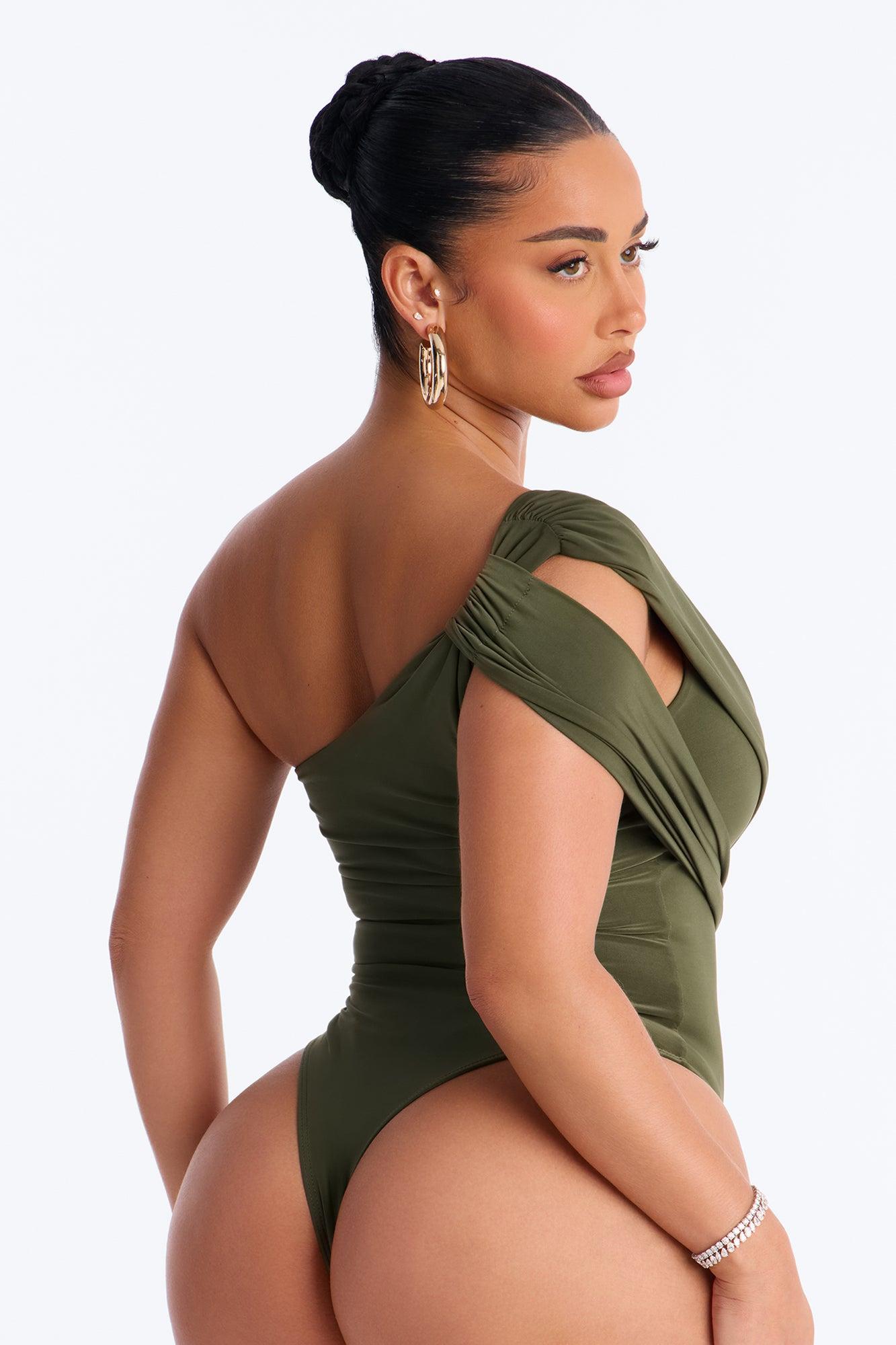 Roma Muse One Shoulder Draped Bodysuit - Olive Female Product Image