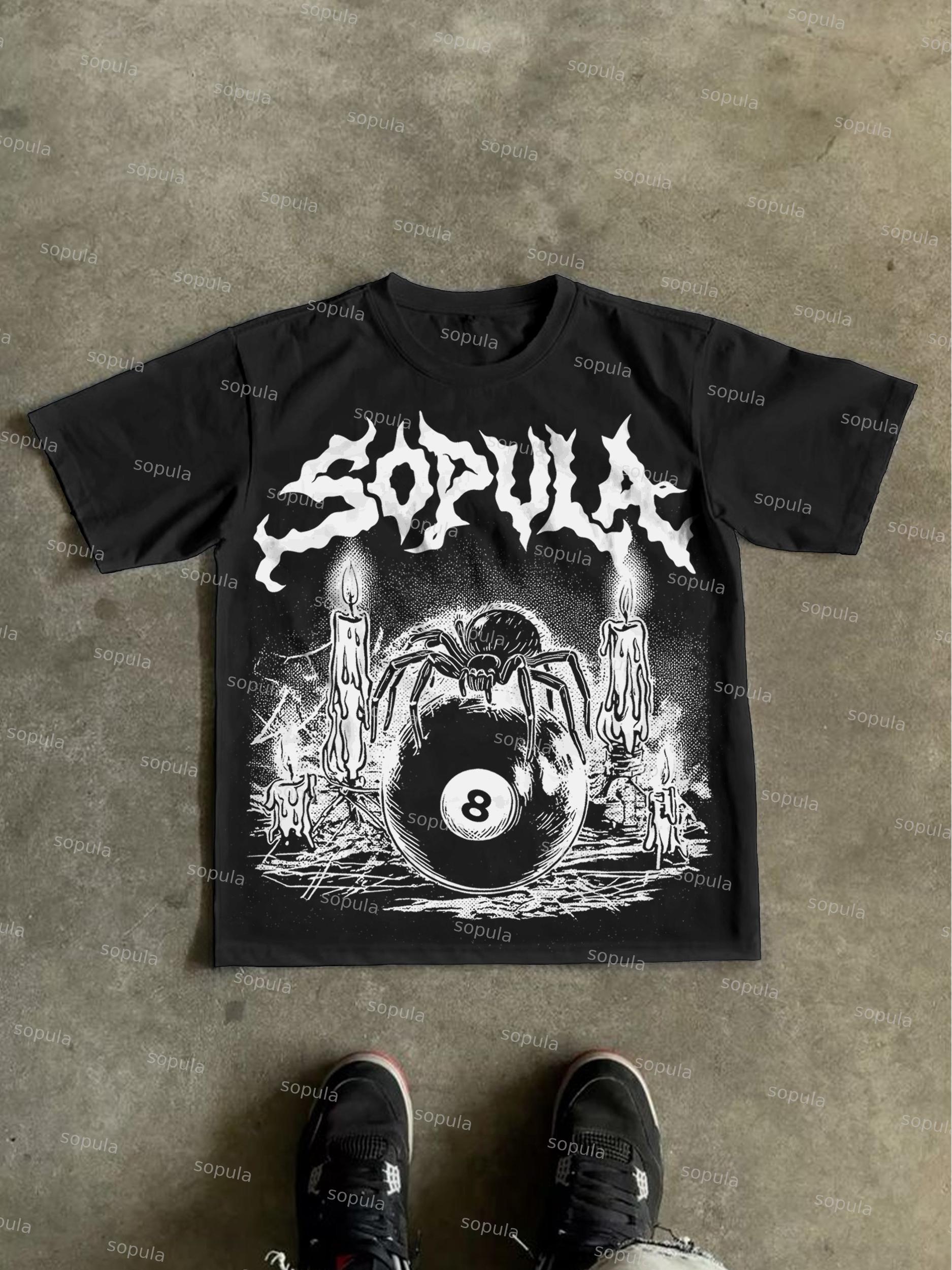 Vintage Gothic Melting Candle Black 8 Spider Graphic Cotton T-shirt Product Image