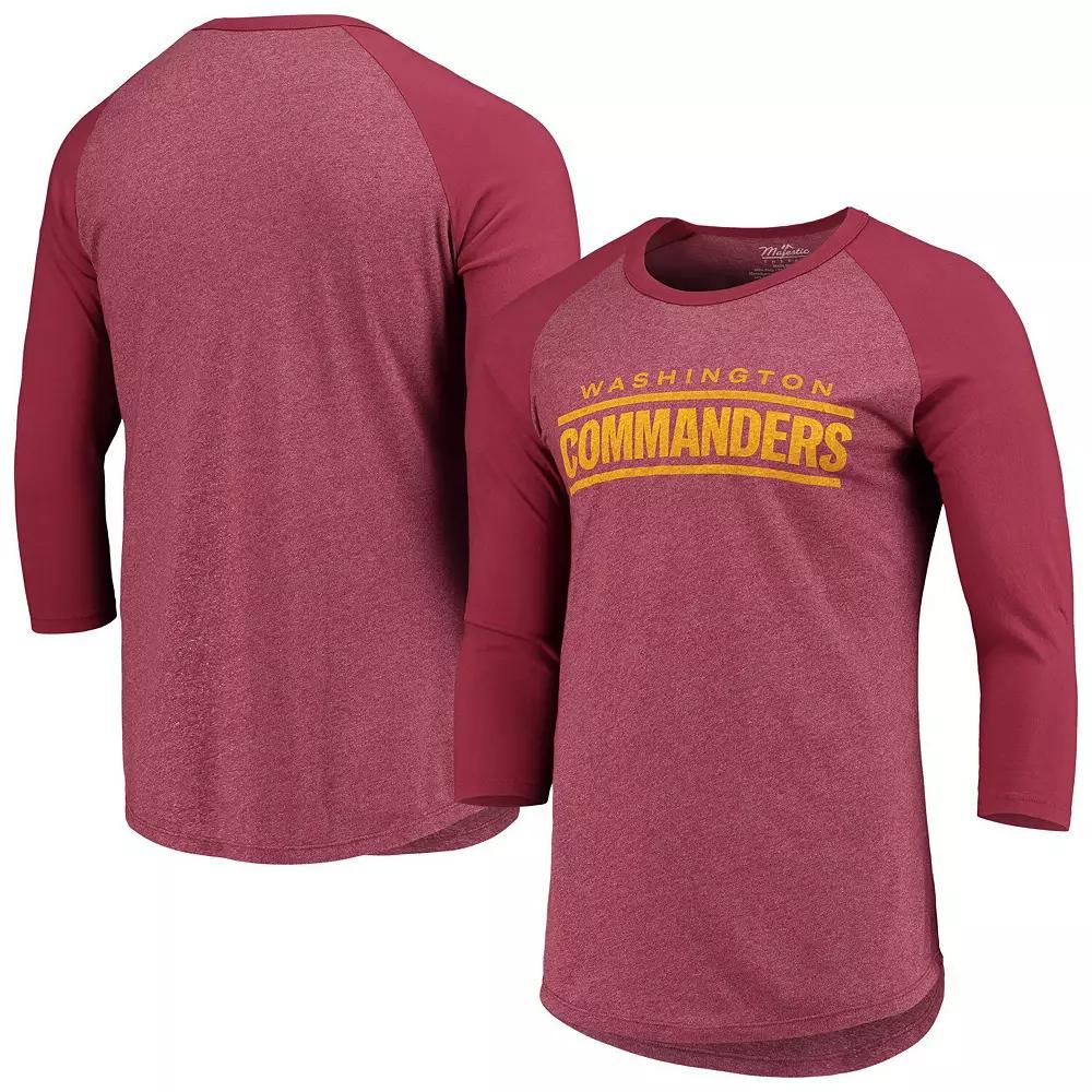 Men's Washington Commanders Majestic Threads Burgundy Wordmark 3/4-Sleeve Raglan Tri-Blend T-Shirt,  Product Image