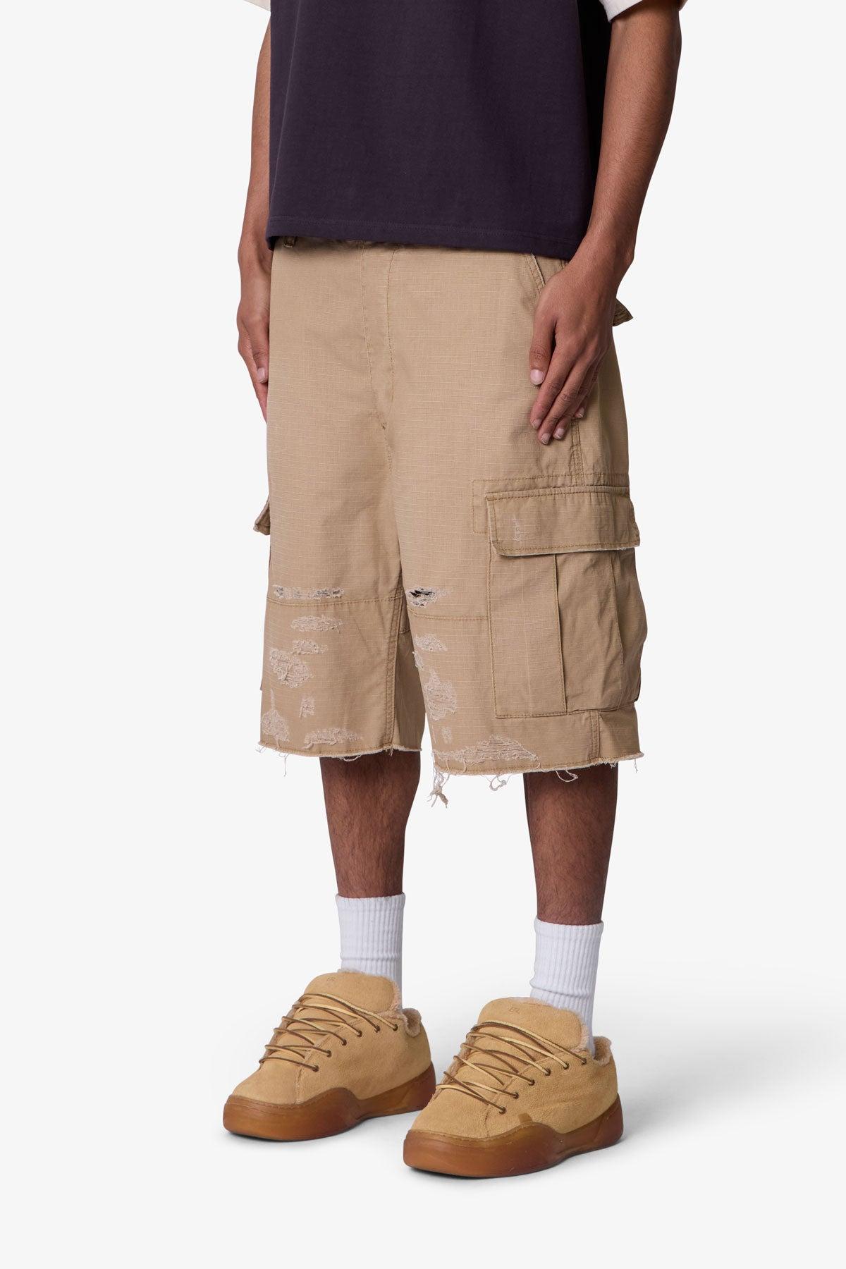 Baggy Distressed Cargo Shorts - Washed Khaki Product Image