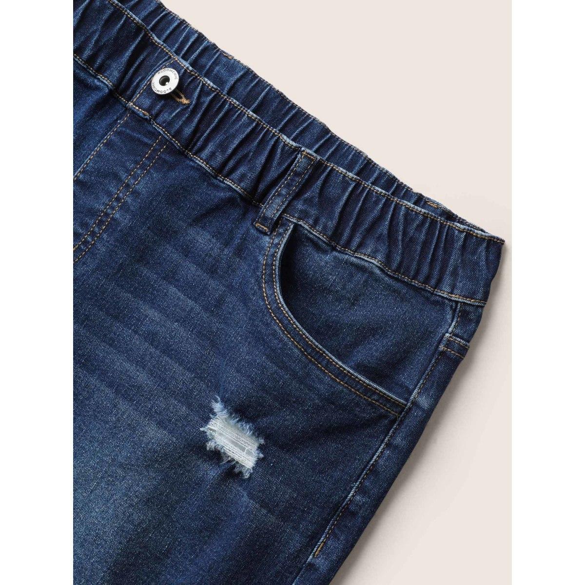 Plus Size Distressed Dark Wash High Stretch Denim Skinny Shorts Women Denimblue Distressed High stretch Everyday Slanted pocket Casual Denim Shorts BloomChic 24/3X Product Image