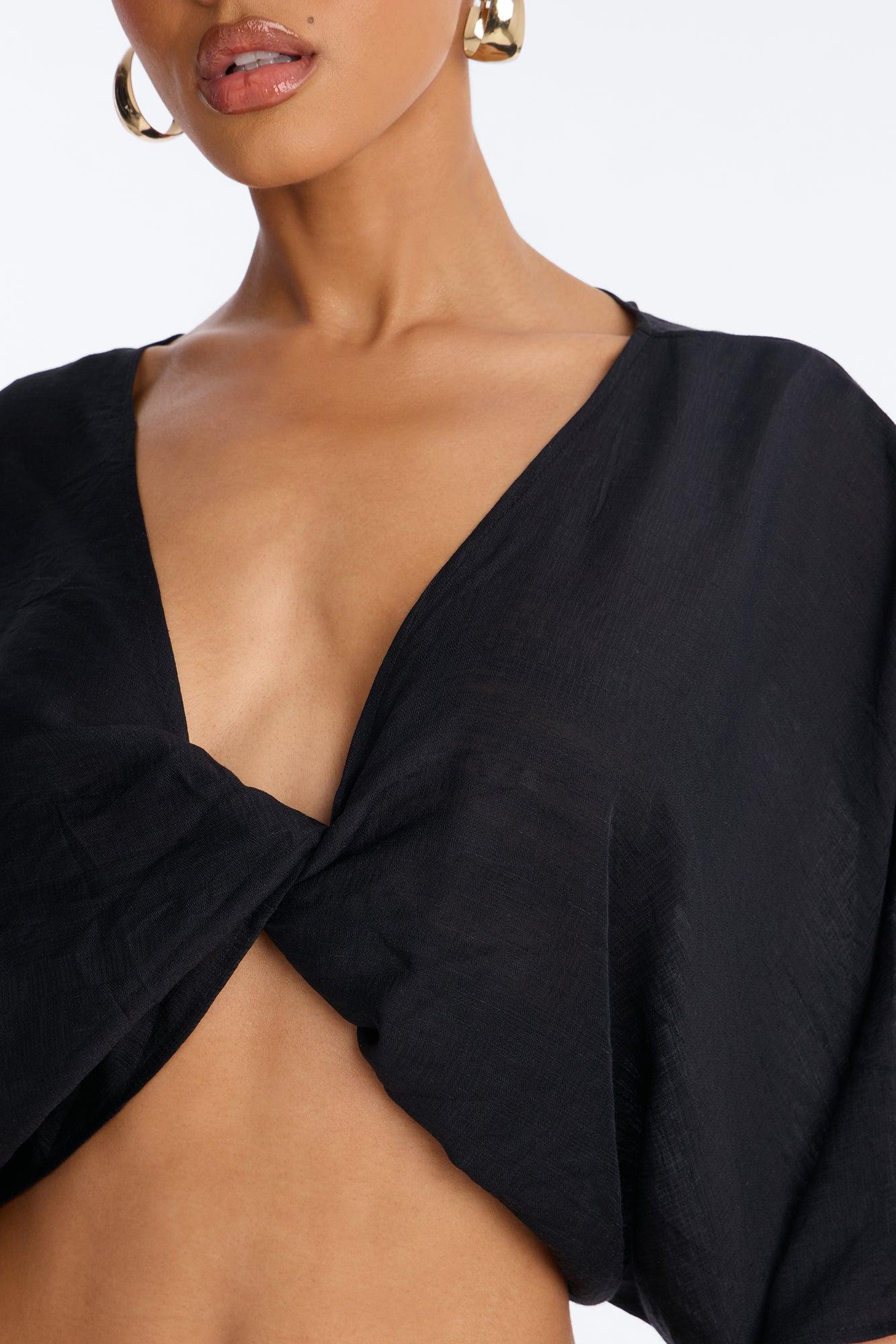 Butter Me Up Knotted Linen Top - Black Female Product Image