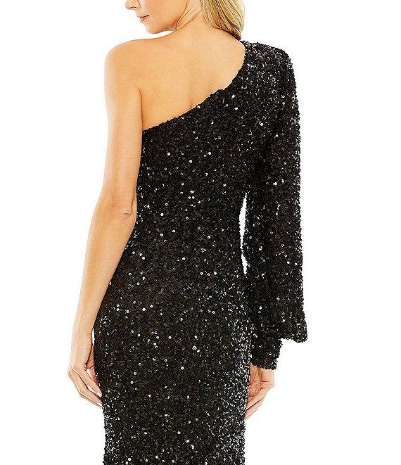 Mac Duggal Sequin Asymmetrical One Long Bishop Sleeve Sheath Gown Product Image