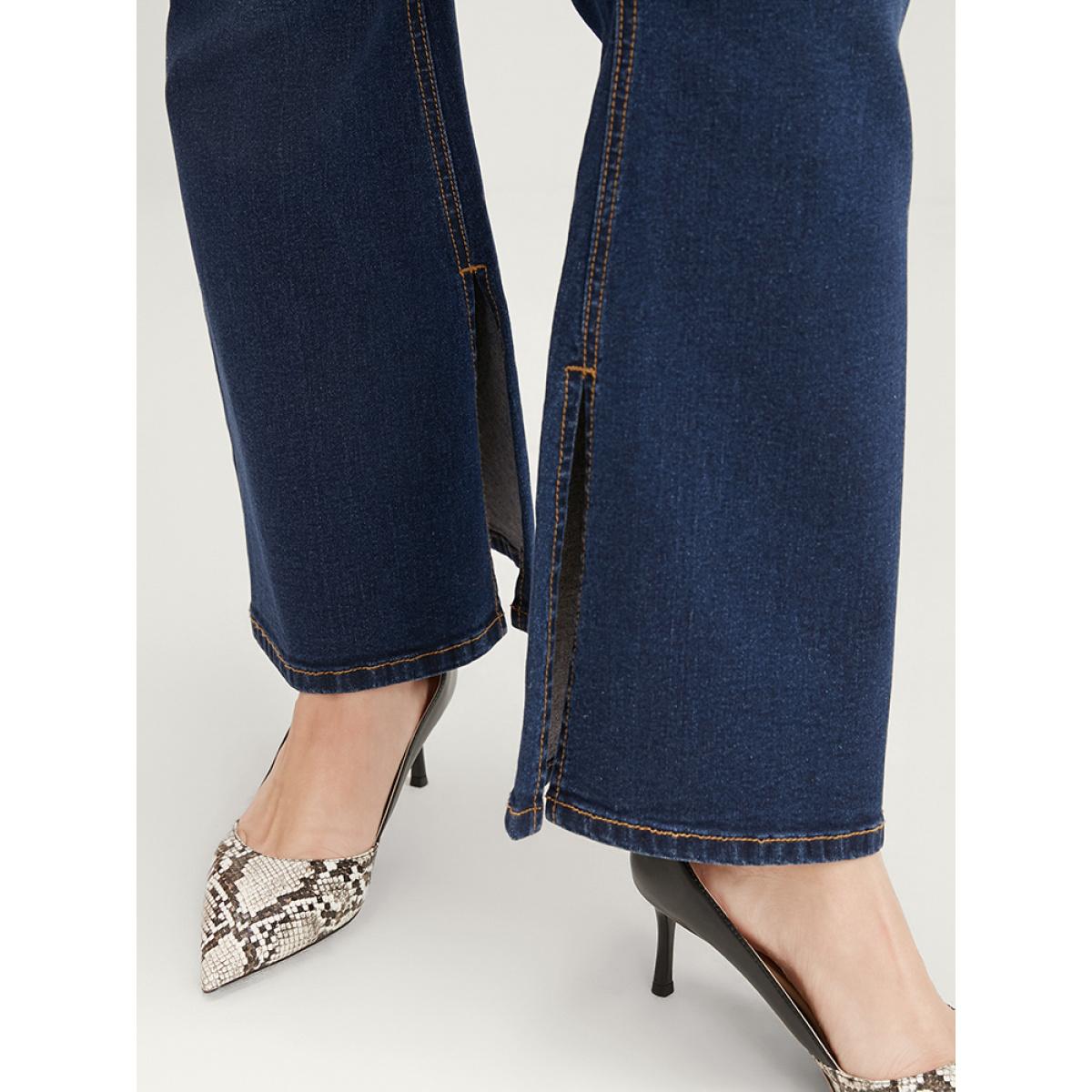 Plus Size Bootcut Very Stretchy High Rise Dark Wash Split Hem Jeans Women DarkBlue Casual Plain Pocket High stretch Side seam pocket Jeans BloomChic 20/2X Product Image