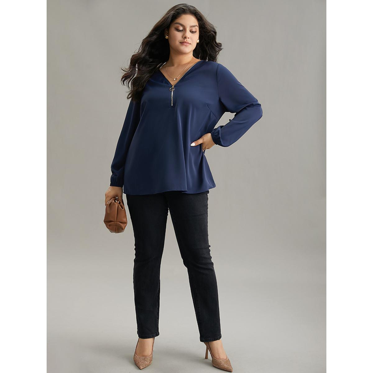 Plus Size Aegean Static-Free Plain Zipper Elastic Cuffs Blouse Women Office Long Sleeve V-neck Office Blouses BloomChic 22-24/3X Product Image