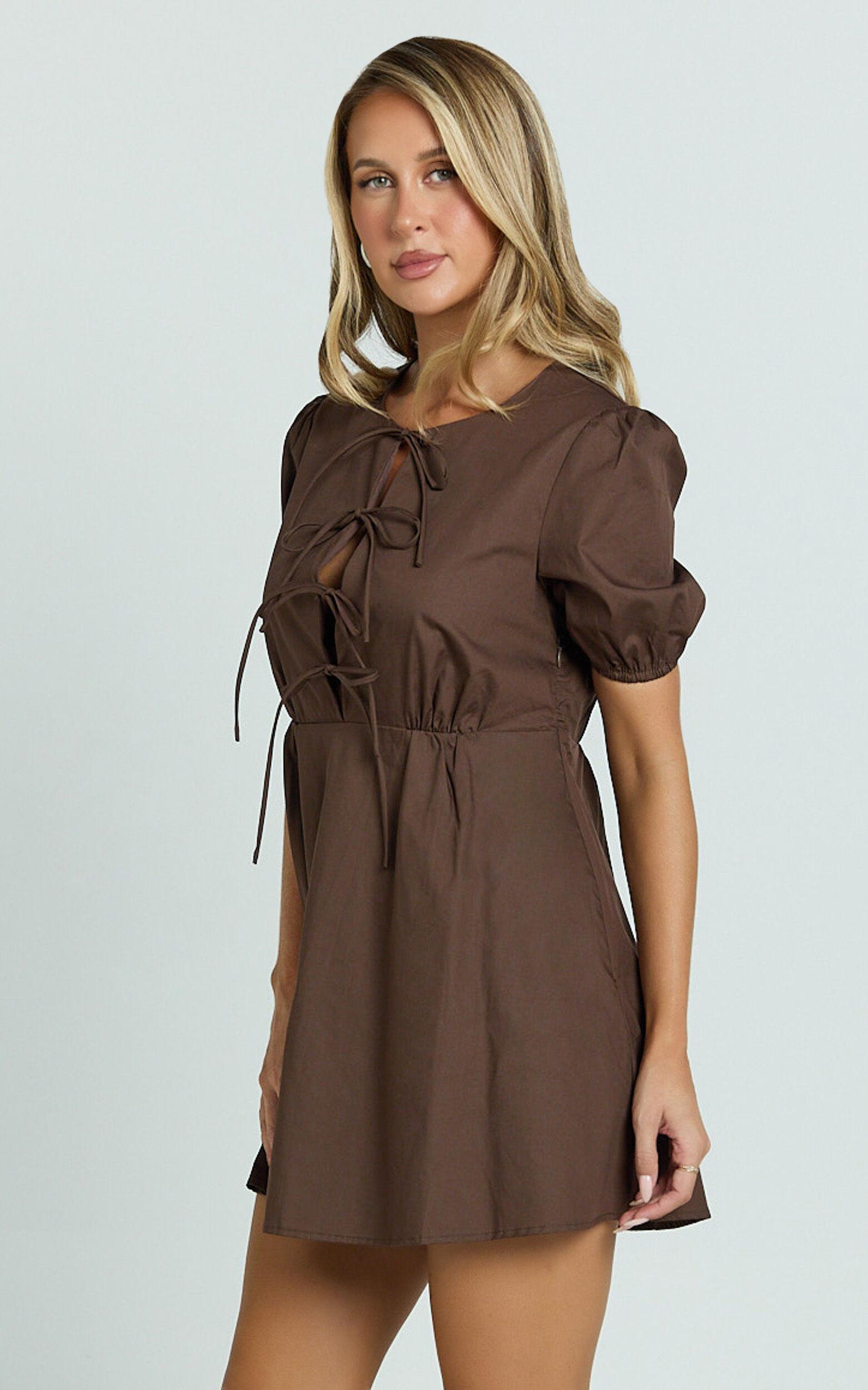 Hattie Mini Dress - Tie Front Puff Sleeve Dress in Chocolate Product Image