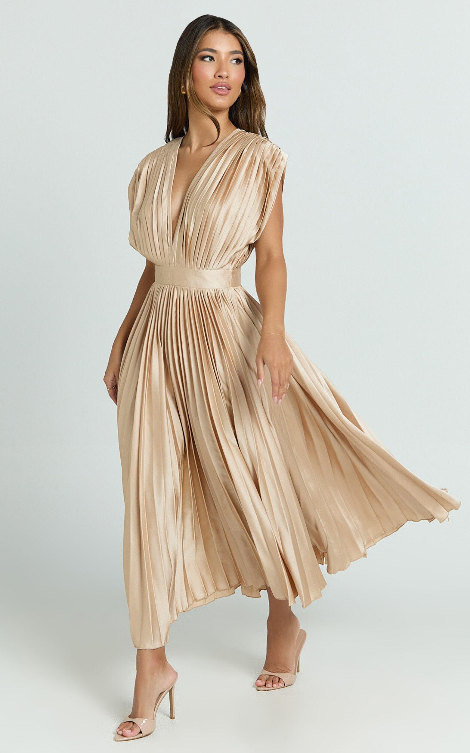 Della Midi Dress - Plunge Neck Short Sleeve Pleated Dress in Champagne Product Image