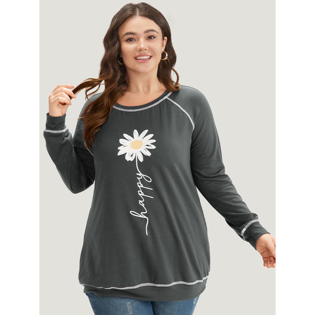 Plus Size Floral Print Stitch Crew Neck Raglan Sleeve Sweatshirt Women ArmyGreen Casual Elastic cuffs Dailywear Sweatshirts BloomChic 22-24/3X Product Image