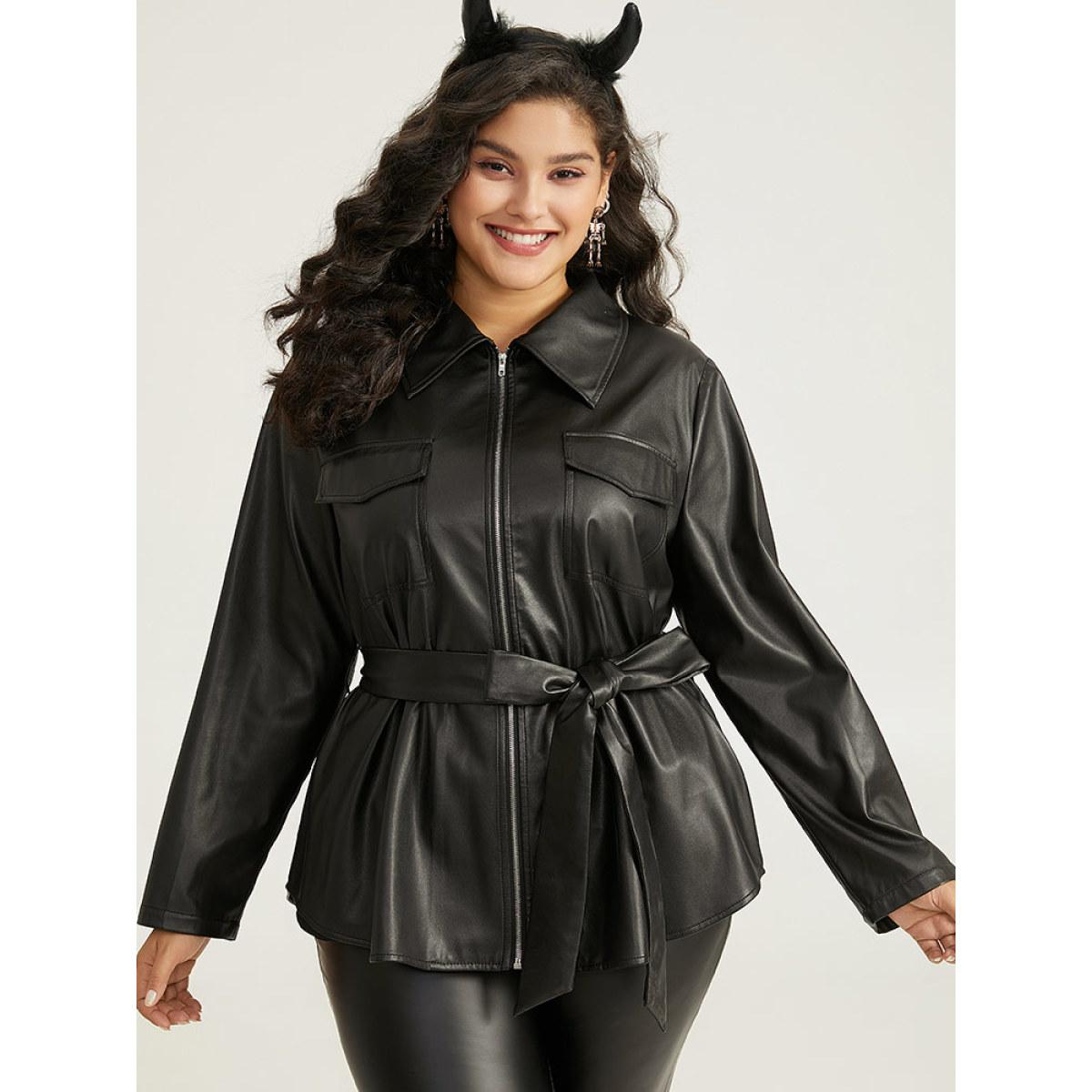 Plus Size Plain PU Leather Knot Pocket Zipper Belted Jacket Women Black Plain Pocket Belt Dailywear Jackets BloomChic 22-24/3X Product Image