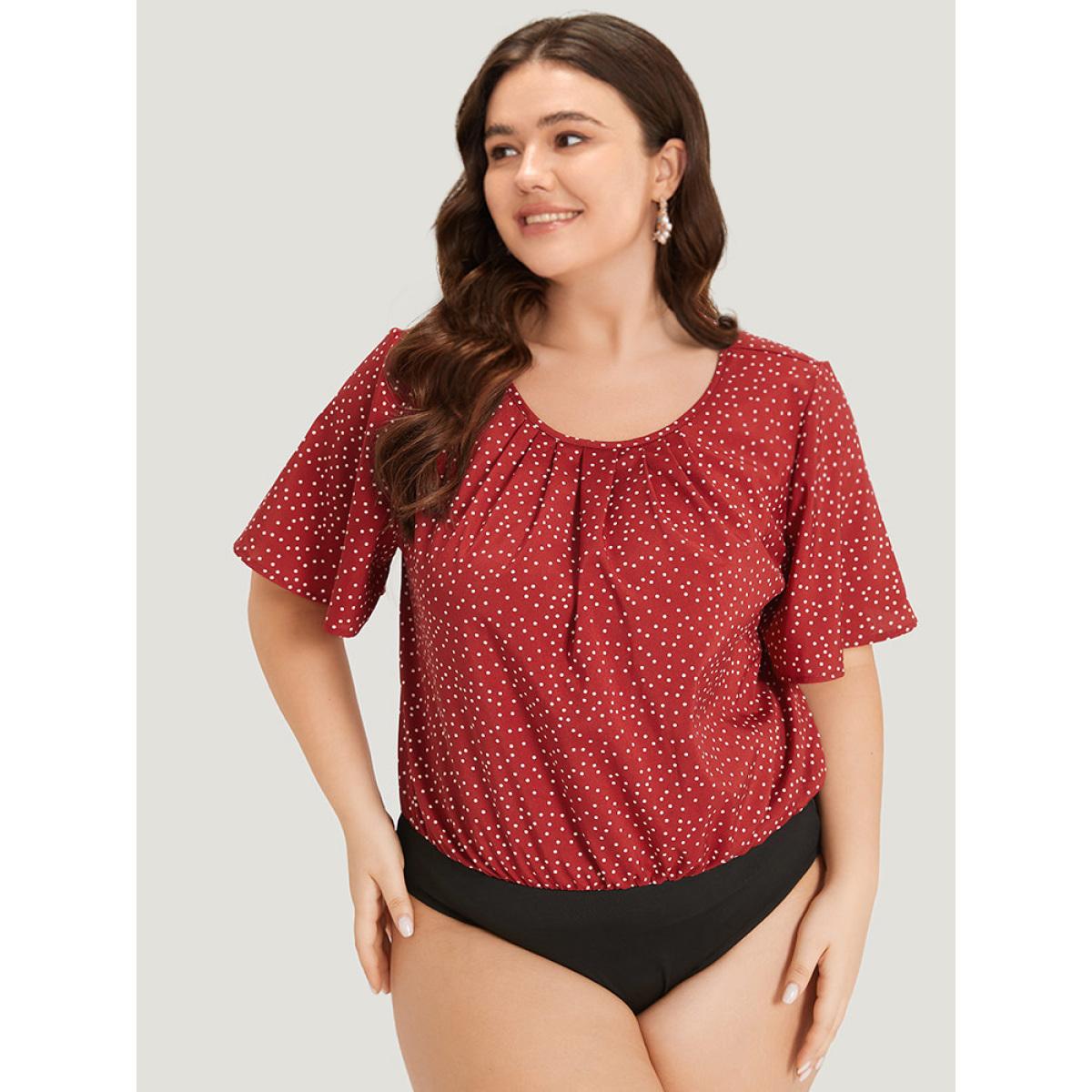 Plus Size Polka Dot Elastic Waist Plicated Detail Ruffle Sleeve Bodysuit Women Red Polka Dot Pleated Bodysuits BloomChic 30/6X Product Image
