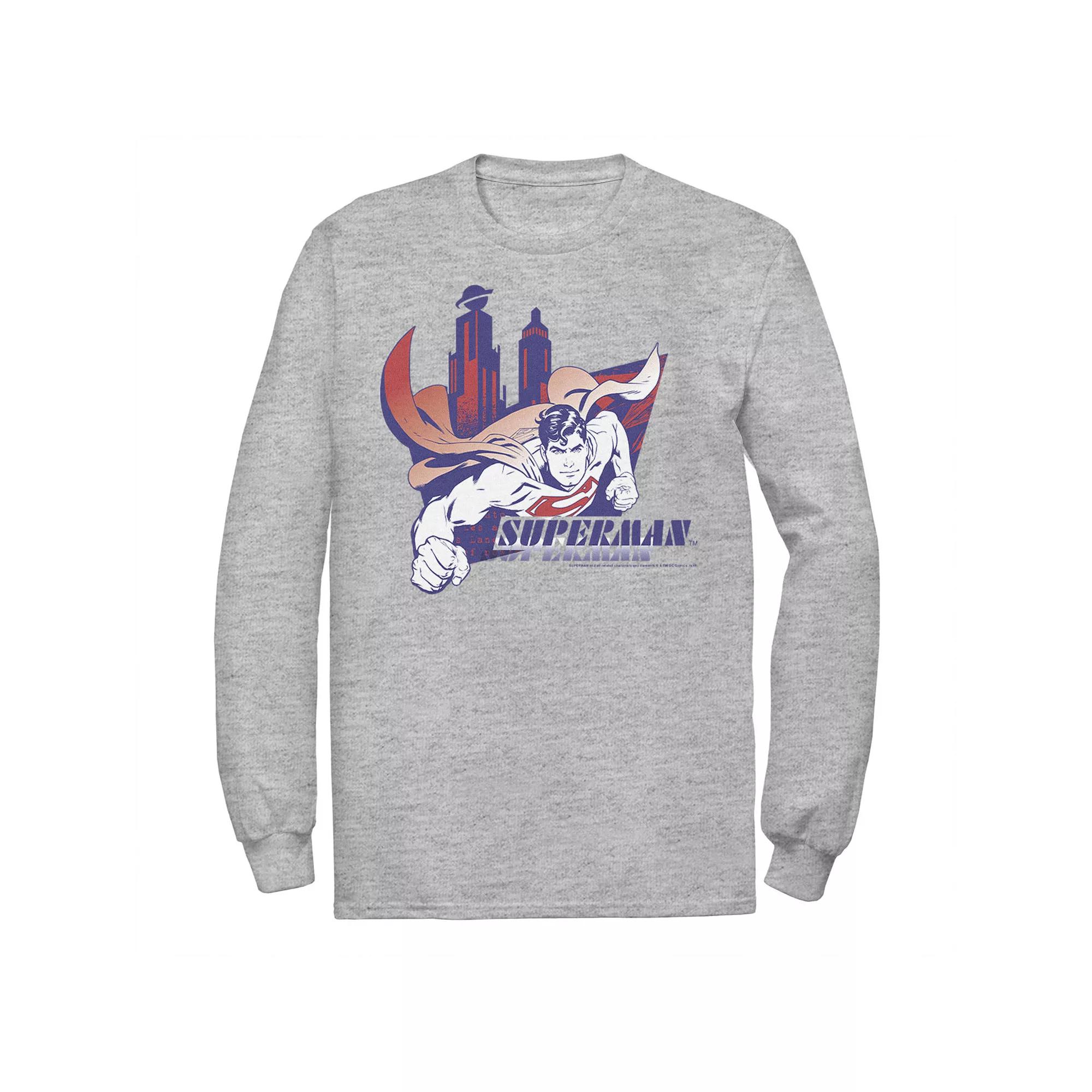 Men's DC Comics Superman Daily Planet Skyline Flying Poster Long Sleeve Graphic Tee,  Product Image