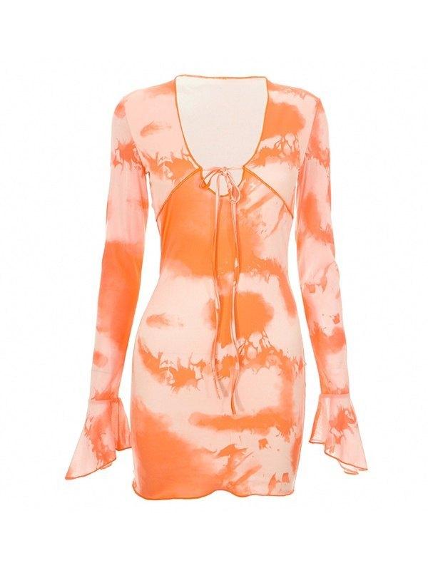 Abstract-Print Flared-Sleeve Tie Dress Product Image