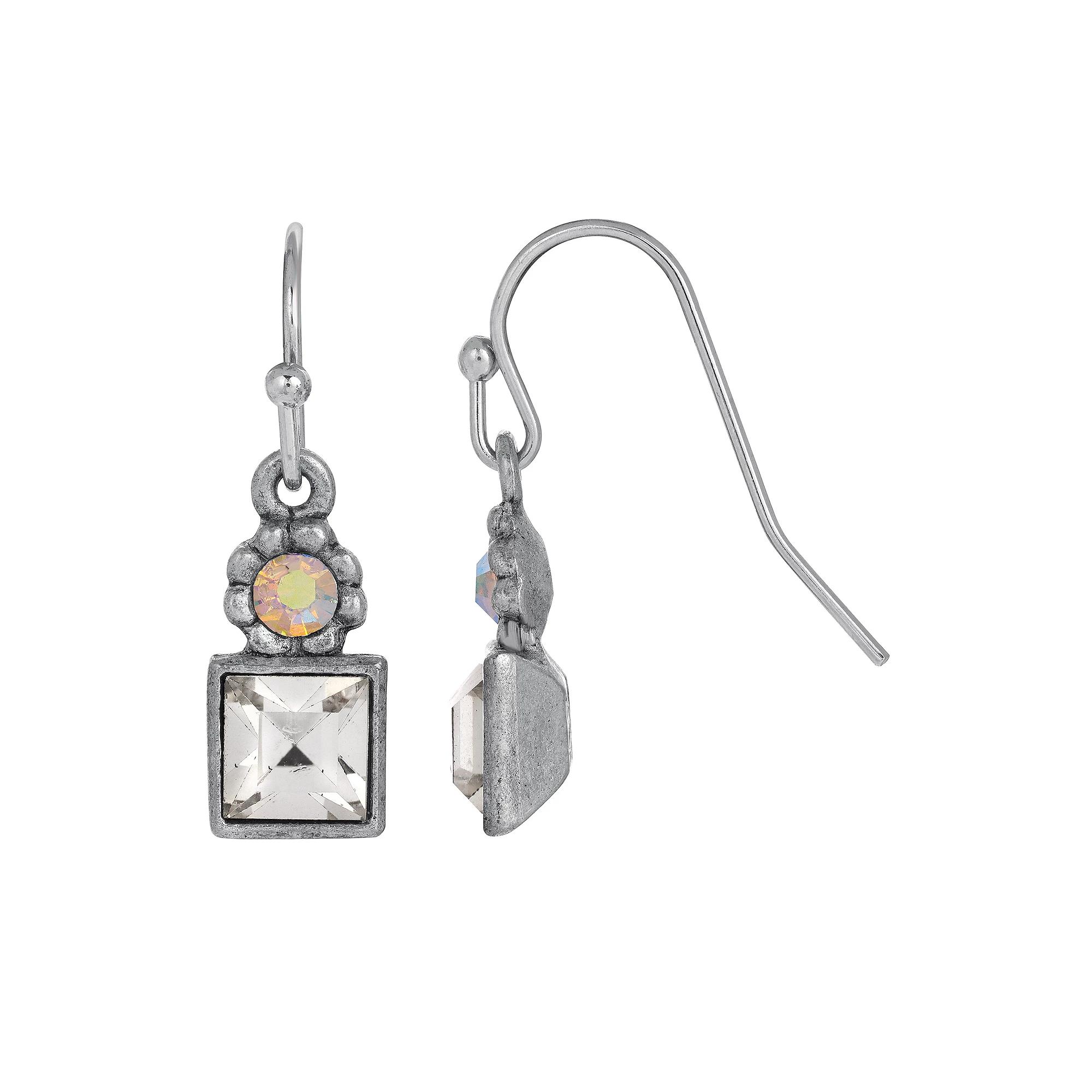 1928 Silver Tone Aurora Borealis Flower & Clear Crystal Earrings, Womens Product Image