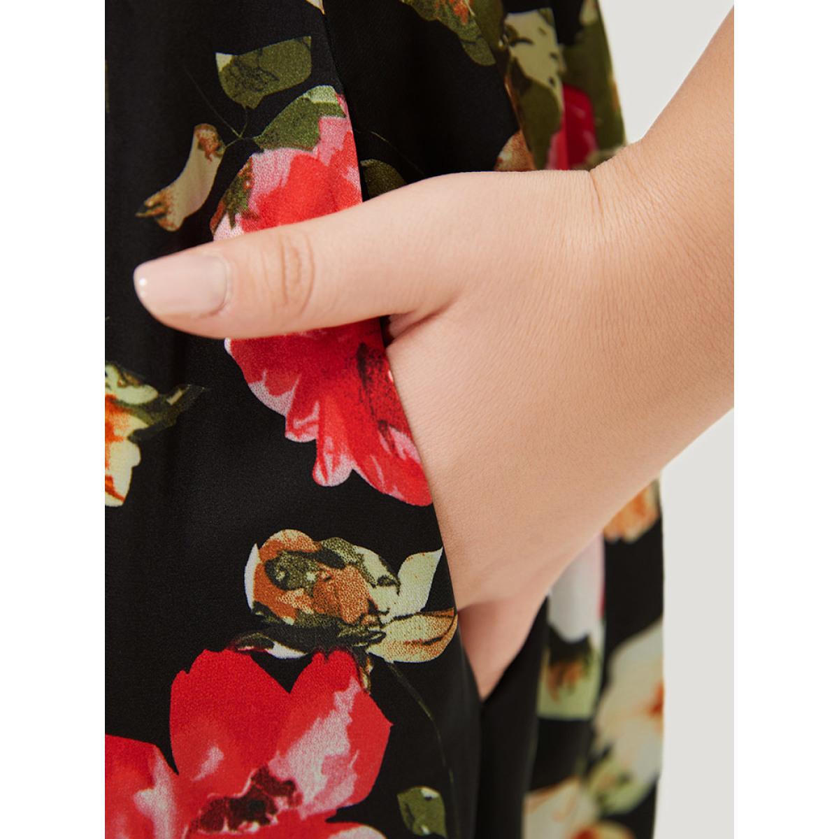 Plus Size Floral Patchwork Pocket Wrap Tank Dress Black Women Glamour Wrap V-neck Sleeveless Curvy Midi Dress BloomChic 22-24/3X Product Image
